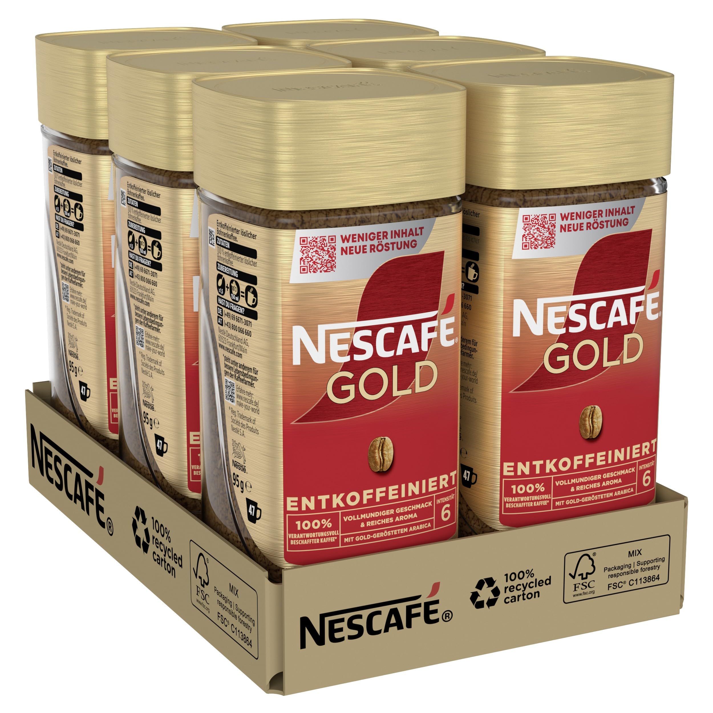 NESCAFÉ GOLD Entkoffeiniert, löslicher Bohnenkaffee, koffeinfrei (6 x 95g)