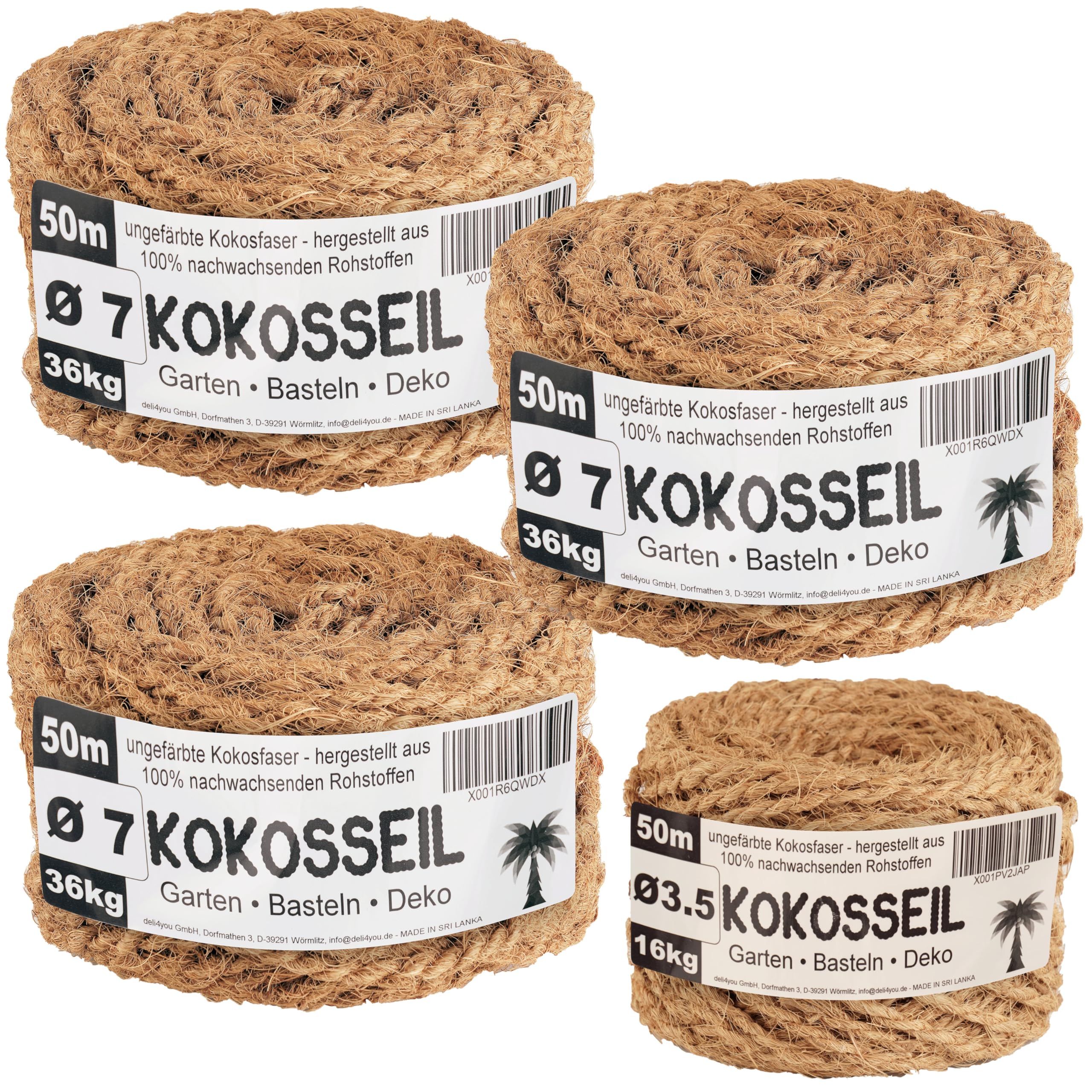 Kokosseil Bundle – 3x 7mm und 1x 3,5mm x 50m Kokosstrick für Bäume Kokosfaserschnur Baumbinder Kokosseil für Bäume