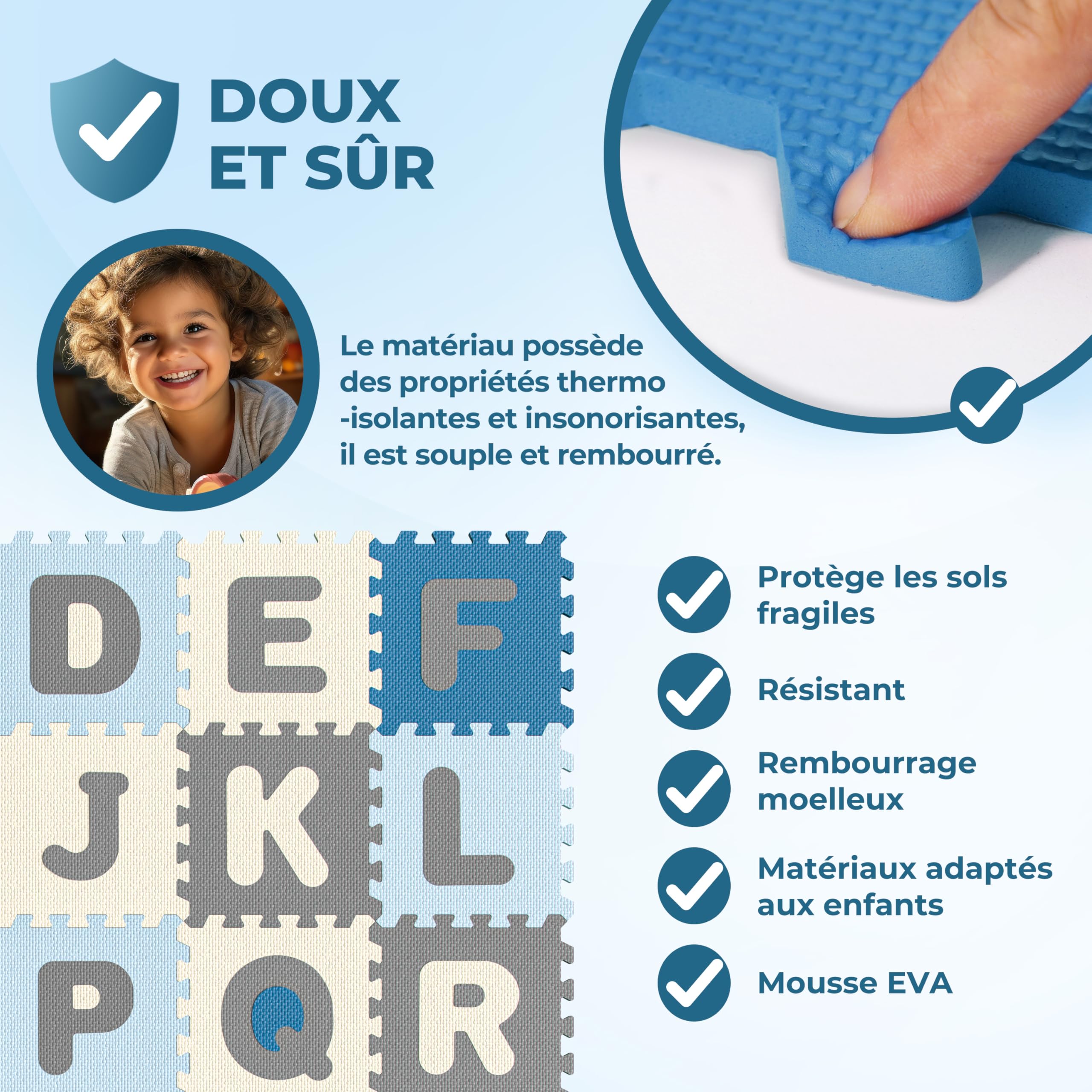 SPIELWERK Tapis Puzzle d'éveil et de Jeu Bleu - Dalles en Mousse XXL pour bébé ou Enfant Bas âge - Anti-dérapantes, avec Alphabet et Chiffres, 86 pièces, 36 Dalles de 30x30cm