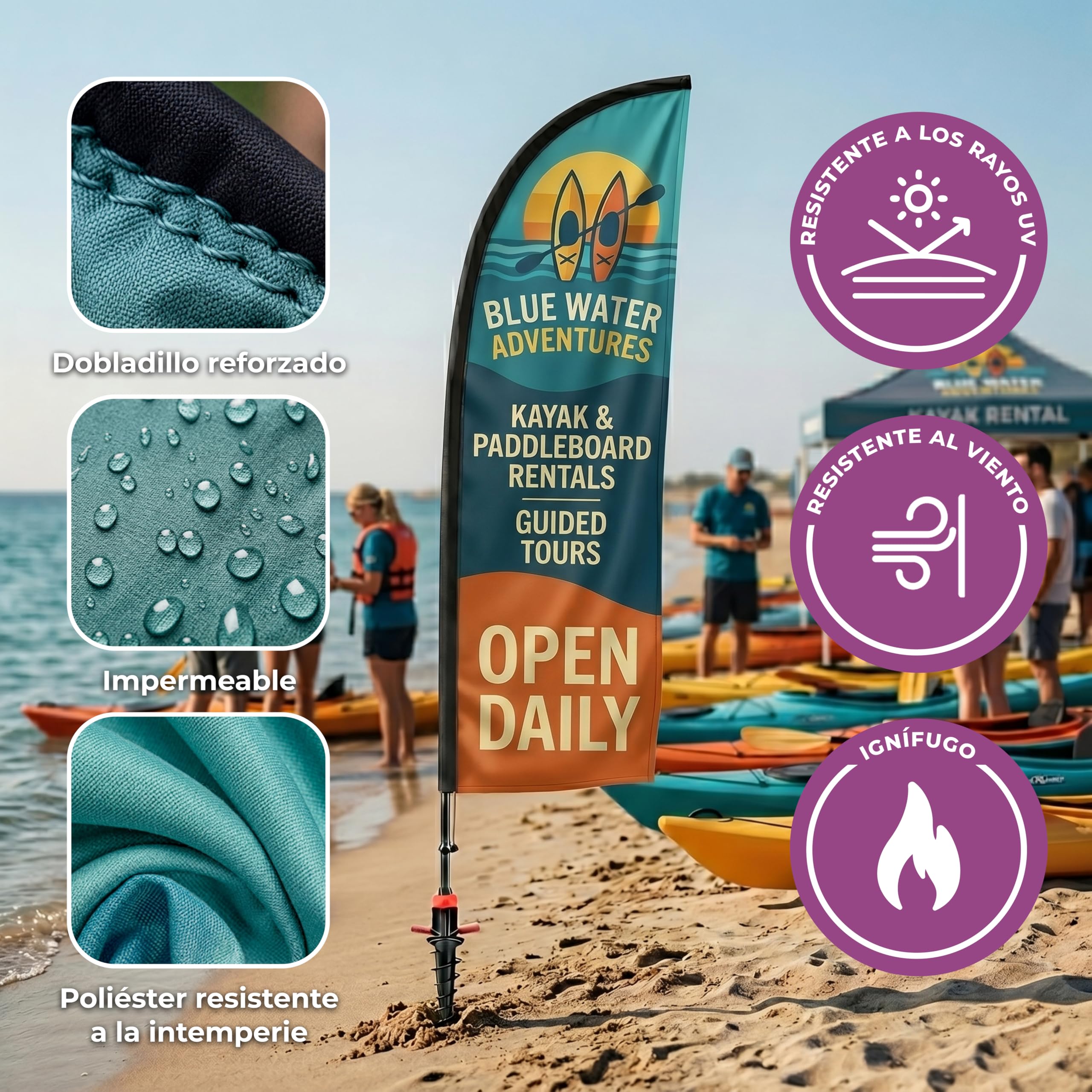 Cimpress Bandera vela personalizada 3,2 m, añade tu logo o texto, bandera publicitaria de doble cara beach flag con mástil para publicidad exterior, eventos, hostelería e inmobiliaria