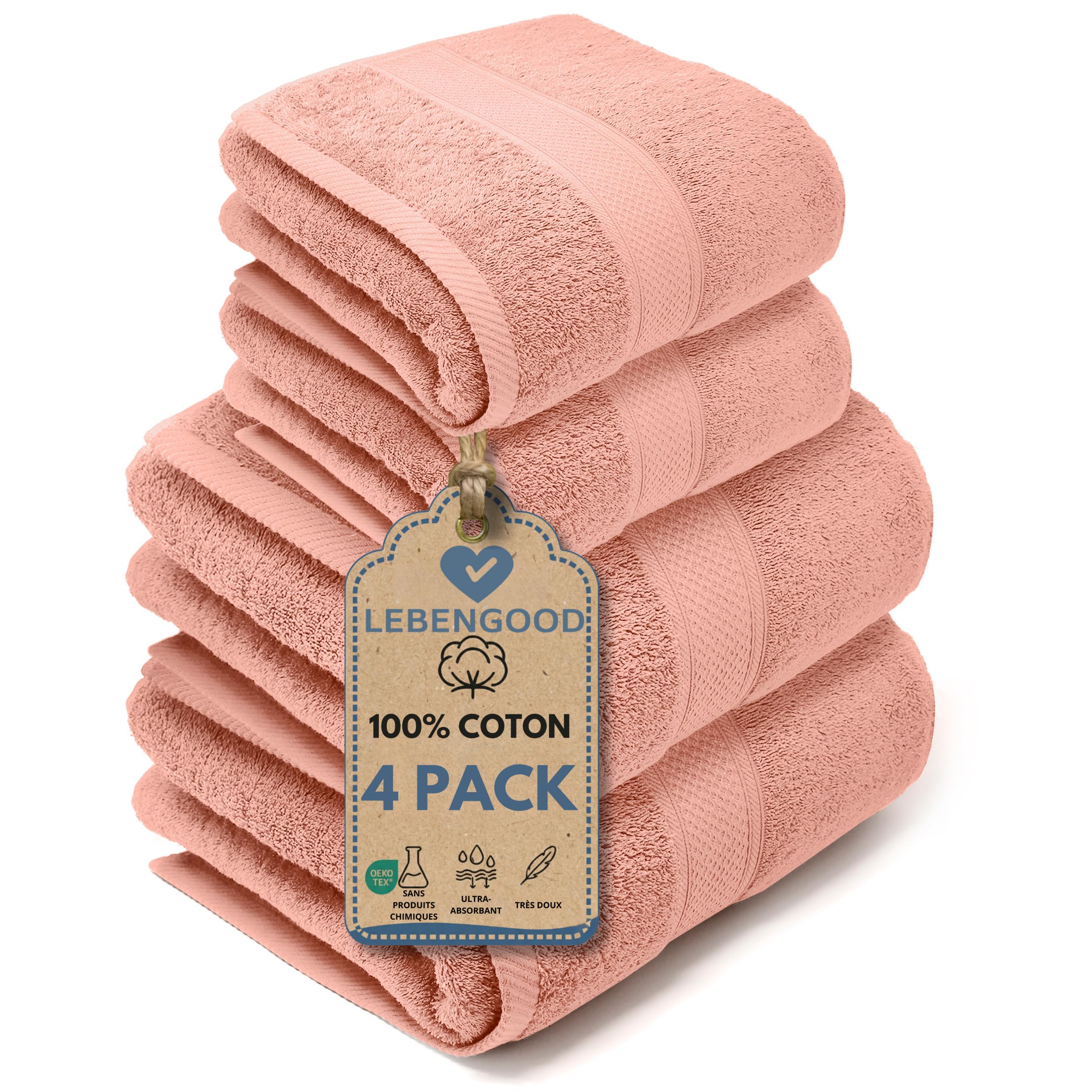 LEBENGOOD Set 4 Serviette de Bain 100% Coton 2 Toilette 2 Douche Oeko