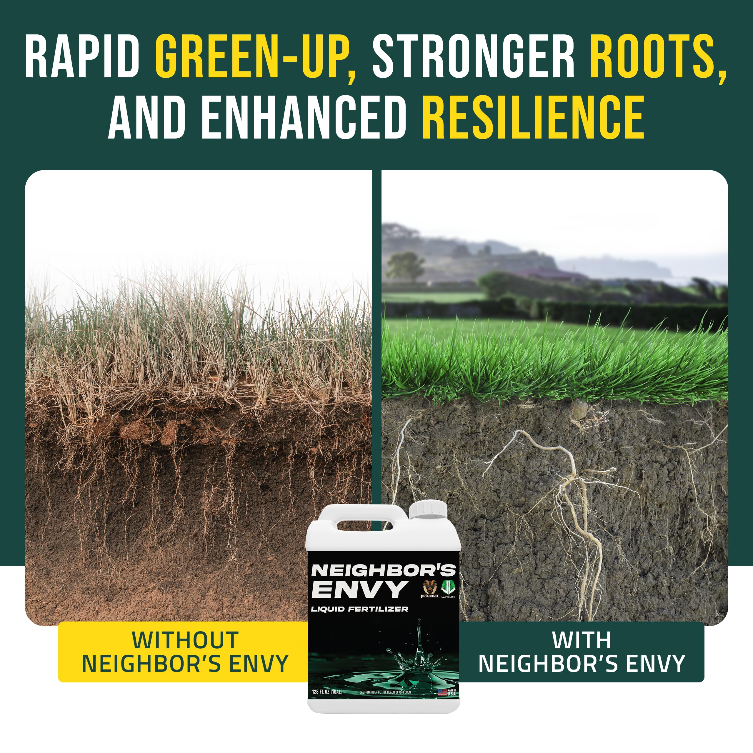 PetraMax Neighbor’s Envy Grass Fertilizer for Lawn & Garden, 1 Gallon Covers up to 16,000 sq.ft. 7-in-1 Liquid Lawn Fertilizer Concentrate for Deep Green Turf - Includes Nitrogen/Iron/Humic/Sea Kelp - Additional View