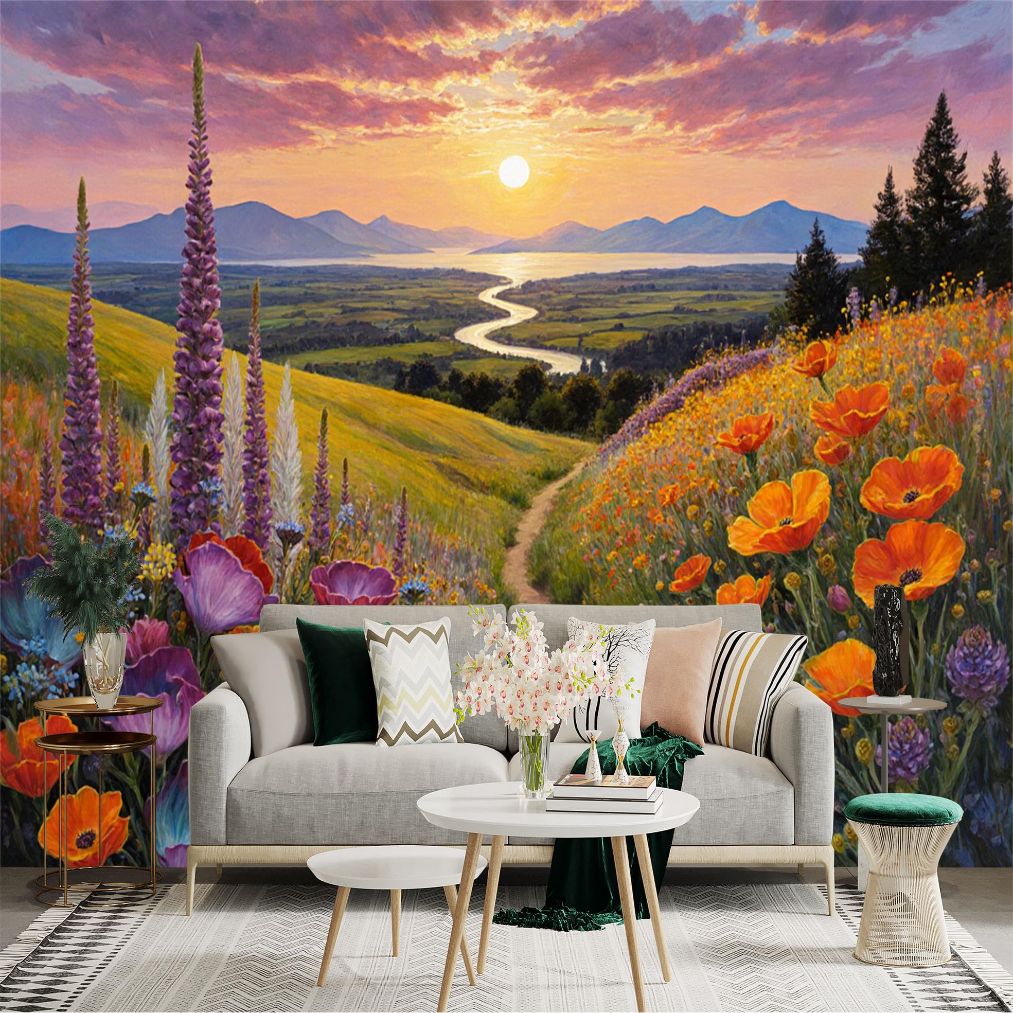 Lnzczhyre Xc260505382 Custom Size Wall Sticker Mural， Sunset Over Winding River， Vibrant Meadow With Wildflowers， Scenic Mountain Landscape， For Wall Decoration， Peelandstick Wall Decals.