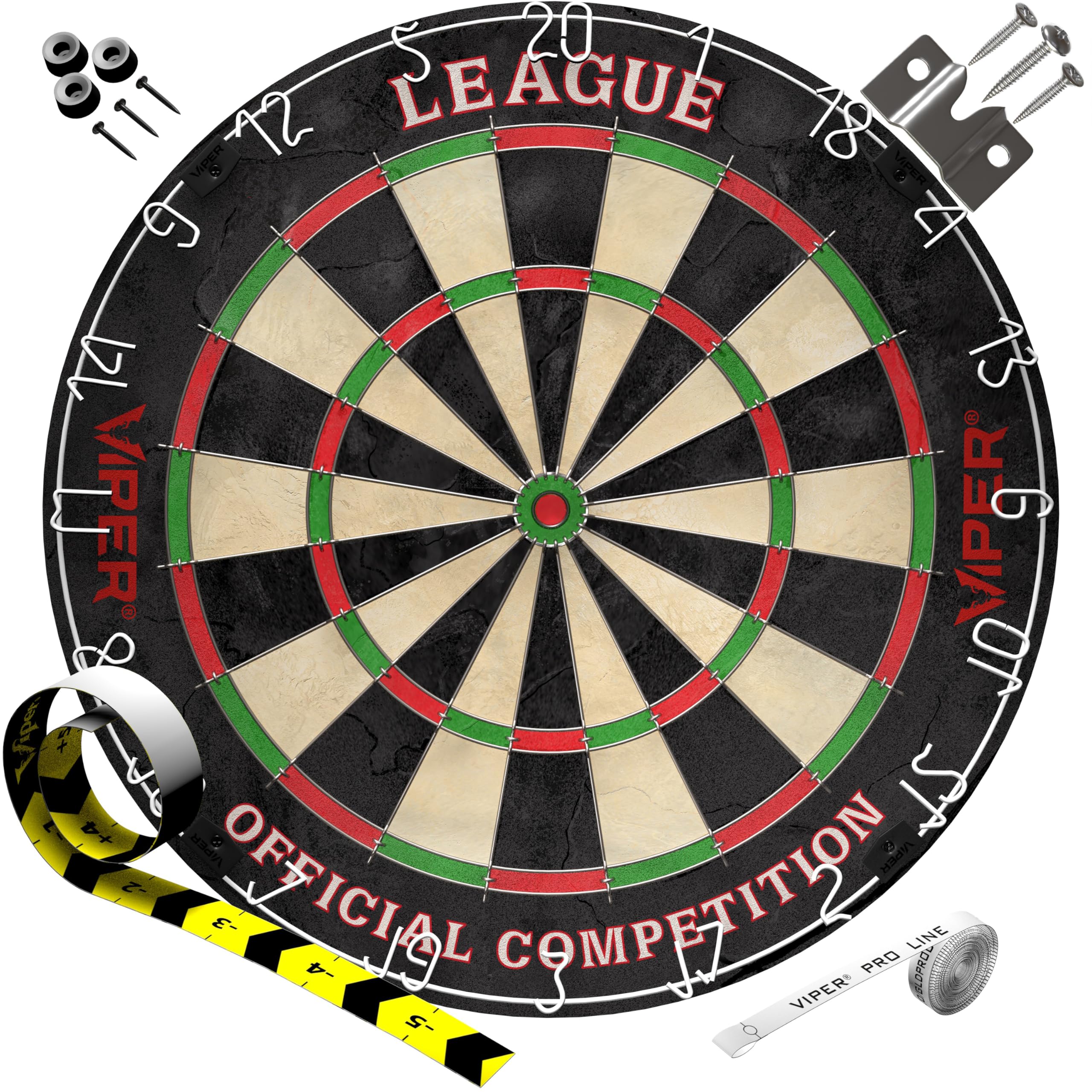 Viper League Regulation Bristle Steel Tip Dartboard Set with Staple-Free Bullseye, Galvanized Metal Thin Radial Spider Wire; High-Grade Compressed Sisal Board with Rotating Number Ring Extending Life