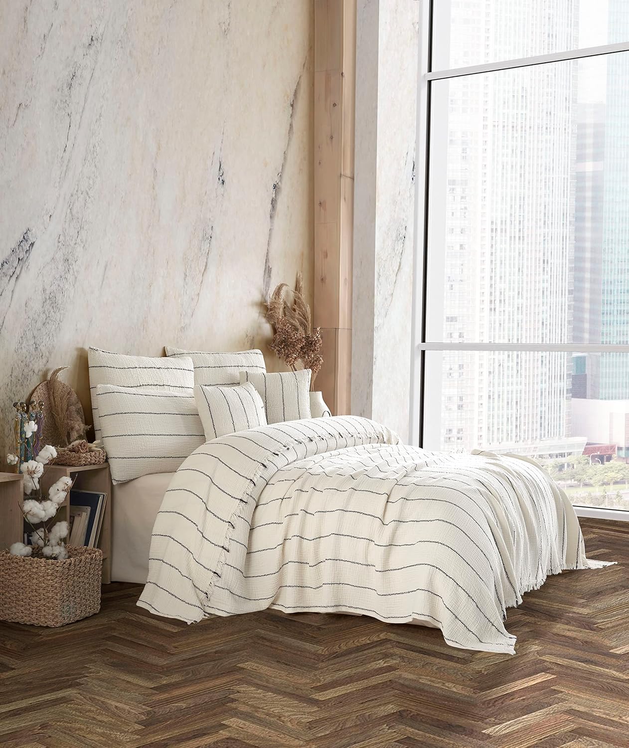 Handmade Bohemian 4-Layer Muslin Bedspread Only, 100% Organic Cotton, Natural Undyed Ivory with Black Pinstripes, Breathable Gauze Coverlet, Oversize 100 × 120 Inches, Made in Turkey