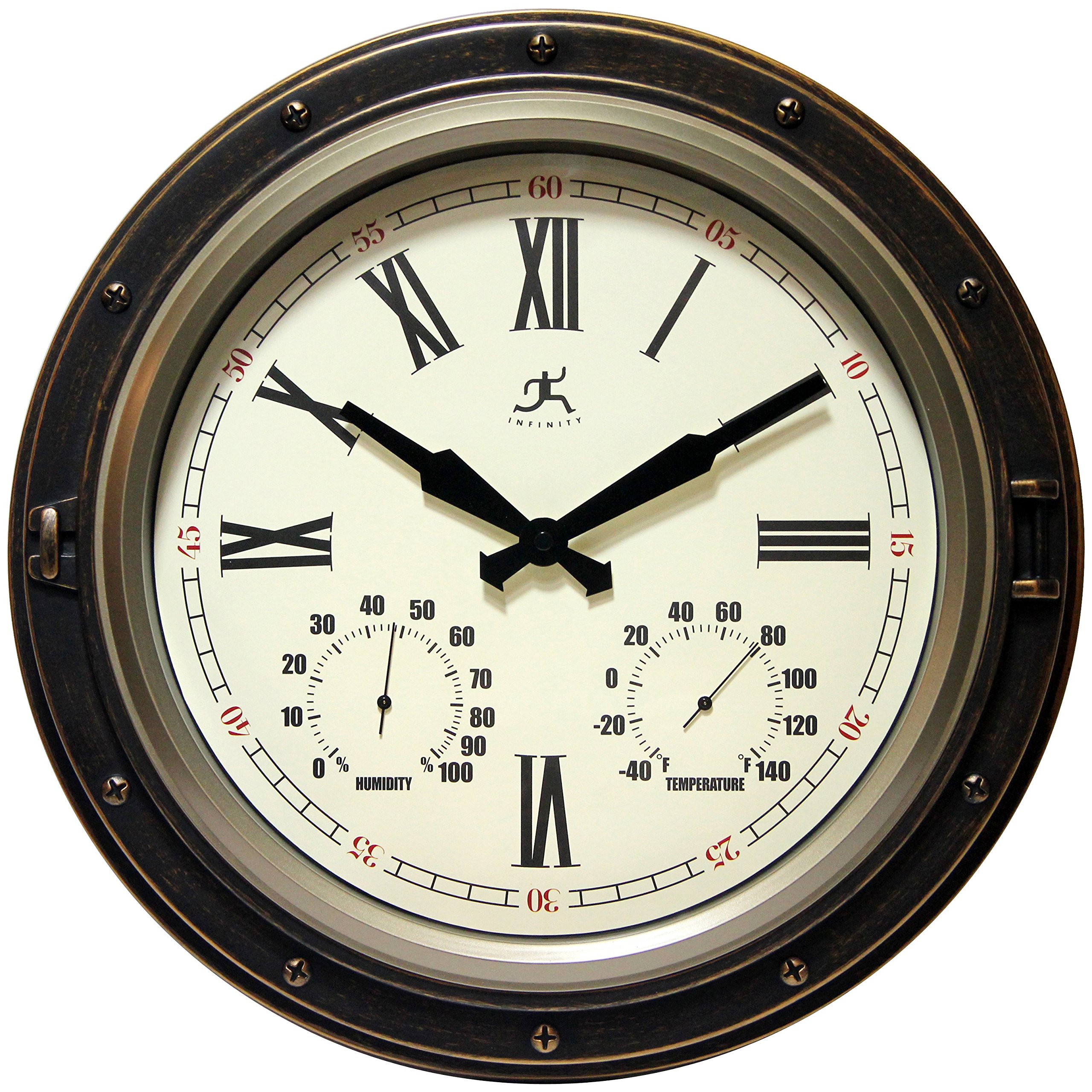 Infinity Instruments Forecaster zegar ścienny do użytku wewnątrz i na zewnątrz, termometr, zestaw higrometrów, stylowa trwała wodoodporna stacja pogodowa do domu, 40 cm, brąz