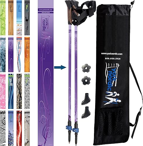 York Nordic - Bastones de senderismo oficiales nórdicos clásicos, ligeros, ajustables y plegables, 2 piezas con cierres abatibles, pies desmontables