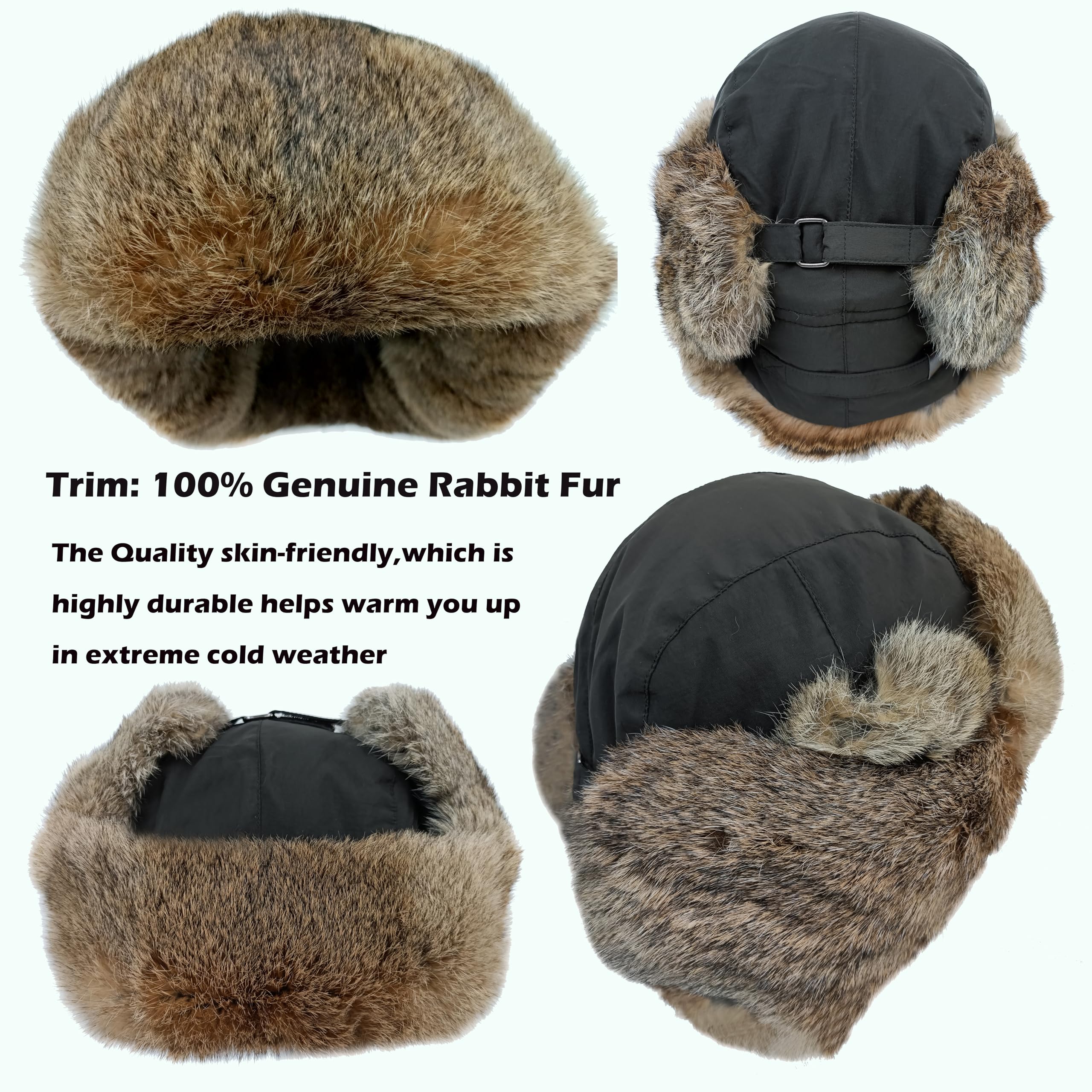 HEYANN Russian Hut Fliegermütze Herren, Kaninchenfell Ushanka Russenmütze Wintermütze Trappermütze Herren Fuzzy Winter Fellmütze mit Ohrenklappen Warme Russenmütze Mütze