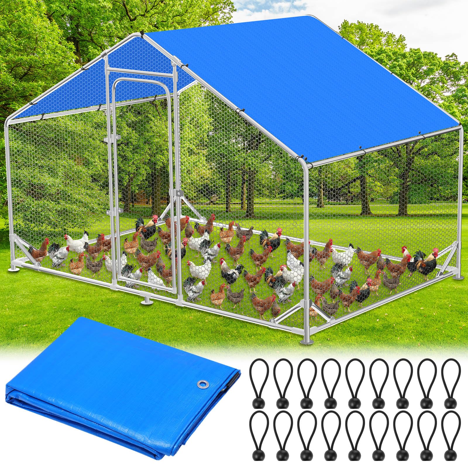 Housse de poulailler 3x2 m imperméable bleue avec 18 tendeurs à boules pour bâche d'enclos