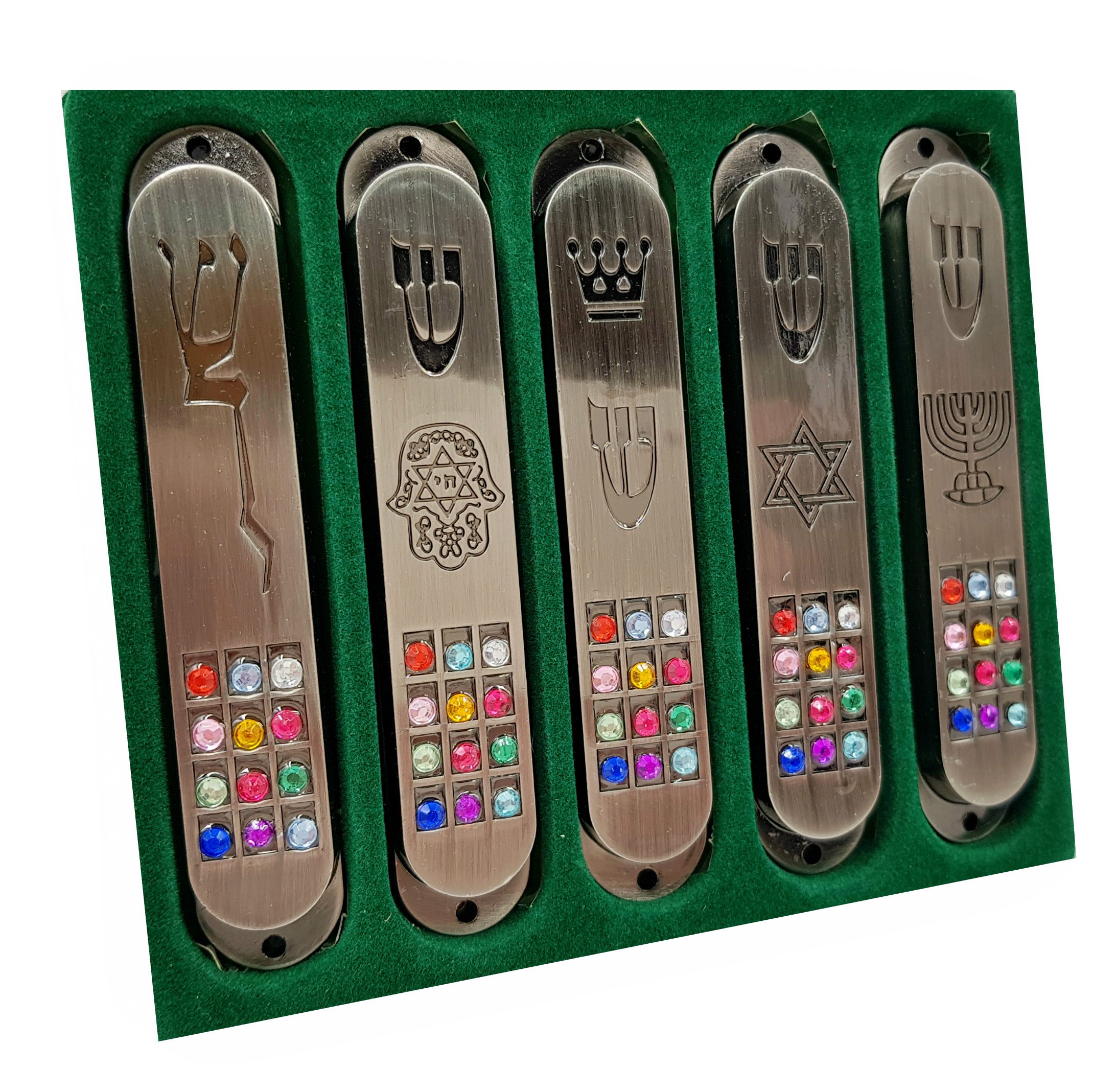 Set di 3 custodie in peltro Mezuzah con pergamena per porta 3D Menorah Star of David Dieci comandamenti 12 tribù d'Israele sigillo messianico ebraico Mezuzah Set regalo Judaica 10 cm