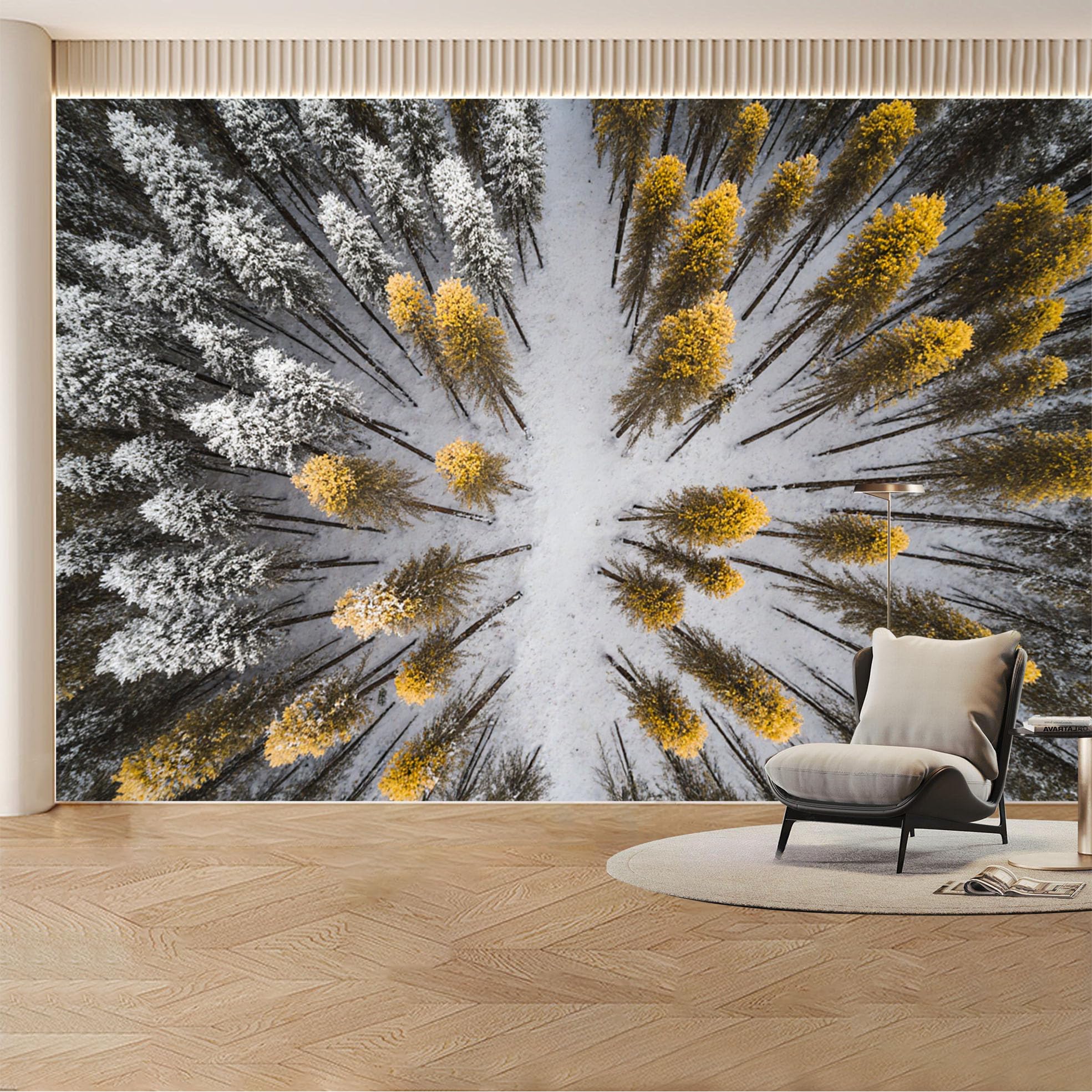 Custom Wall Mural Wallpaper Snowy Forest Pine Trees， Nature Landscape 3D Effect Wall Decor， Winter Golden Nordic for Living Room， Bedroom， Office
