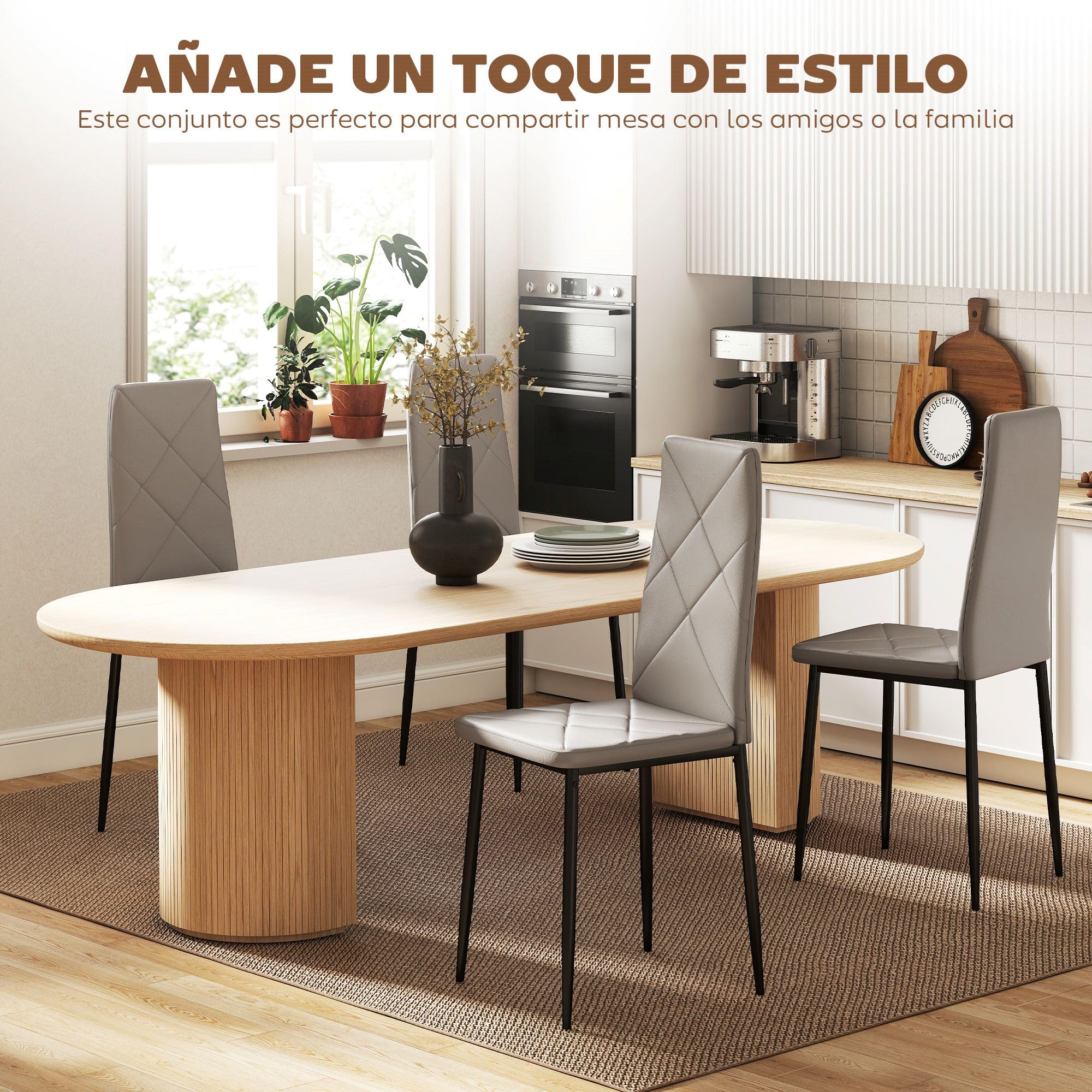 HOMCOM Pack de 4 Sillas de Comedor, Sillas de Cocina Modernas, Tapizadas de Cuero Sintética, Respaldo Alto, Asiento Acolchado, Patas de Acero, Gris