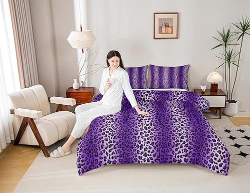 Miniatura 2 de Juego de edredón con estampado de leopardo morado, tamaño King, juego de ropa de cama de piel de fauna silvestre de África, juego de edredón de 3