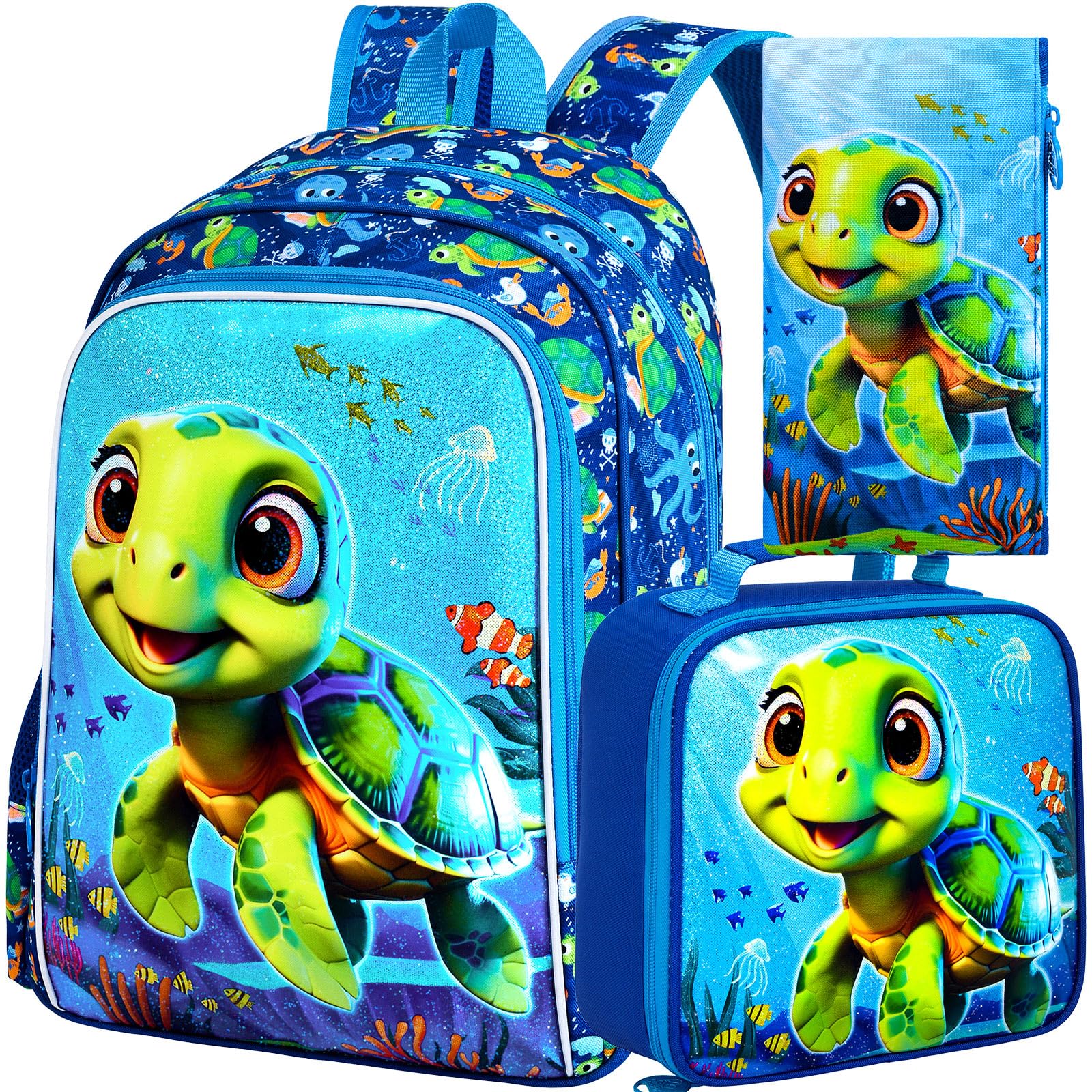TXHVO 16" Kids Backpack for Boys, 3Pcs Tortoise Kindergarten Preschool Elementary Bookbag Set, School Backpacks with Lunch Box(Blue)