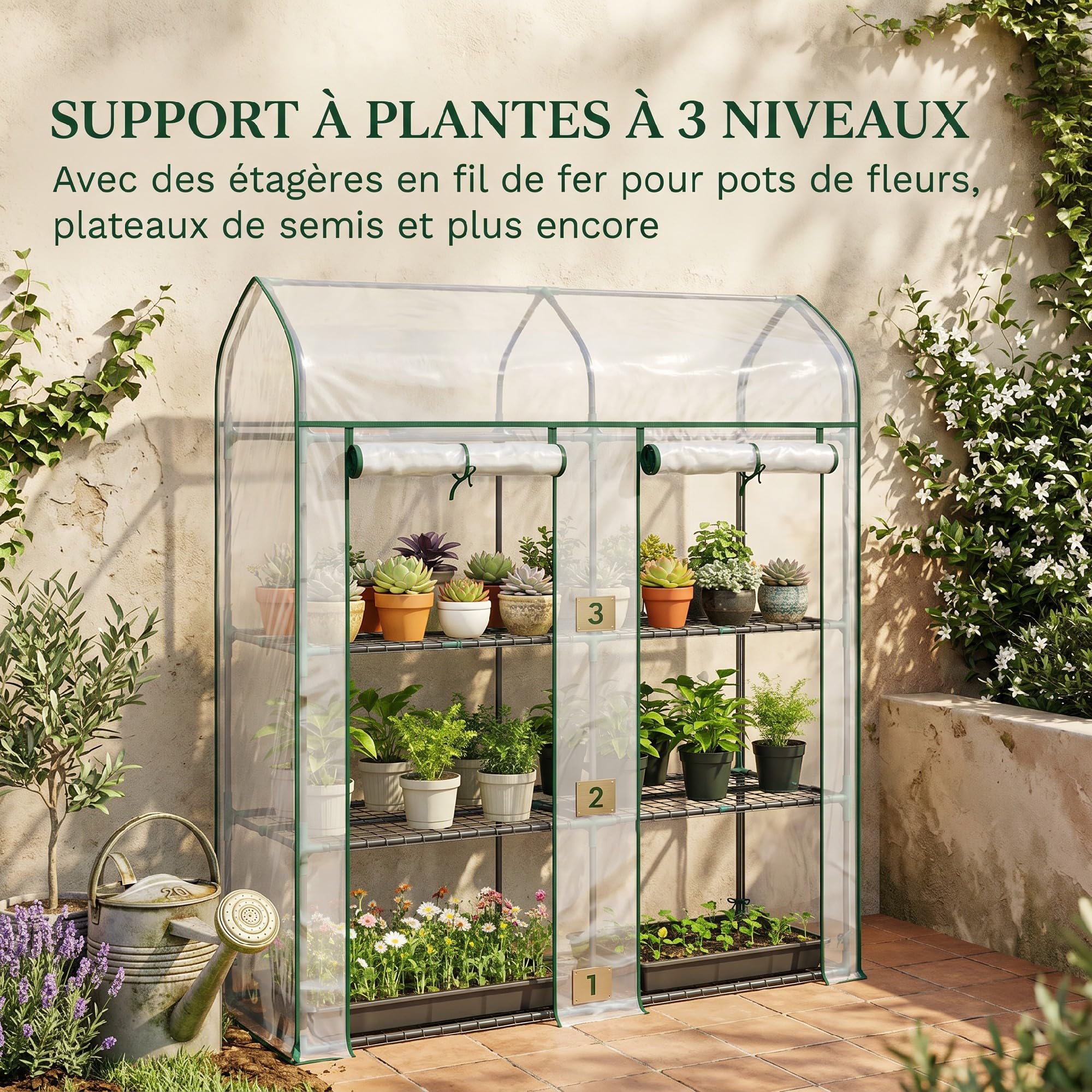Outsunny Serra da giardino con ripiani a 3 livelli a tetto appuntito, piccola serra da balcone in tela PVC e telaio in acciaio, 2 ante rotanti, per verdure e piante, fiori, 143 x 46 x 165 cm