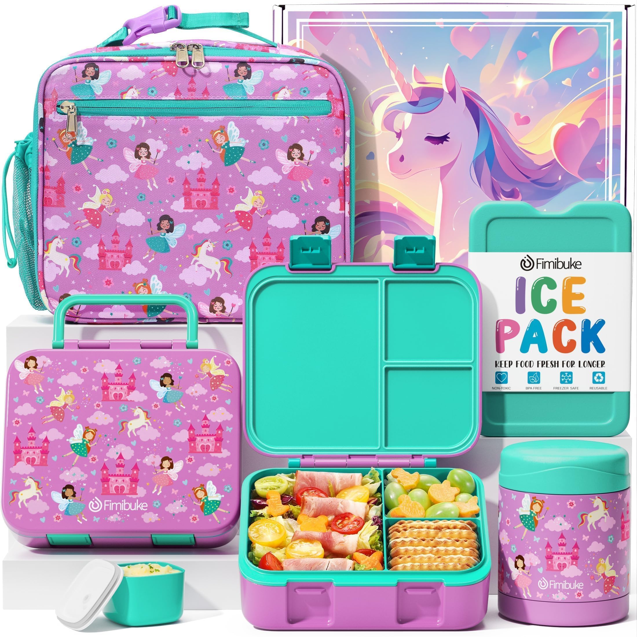 Fimibuke Bento Lunch Box for Kids with Food Jar, 3-Compartment 32OZ Snack Lunch Container, Lunch Bag, 12OZ Insulated Food Jar & Ice Pack Set for Age 3-12 School Daycare Toddler Teen Girls Boy, Fairies