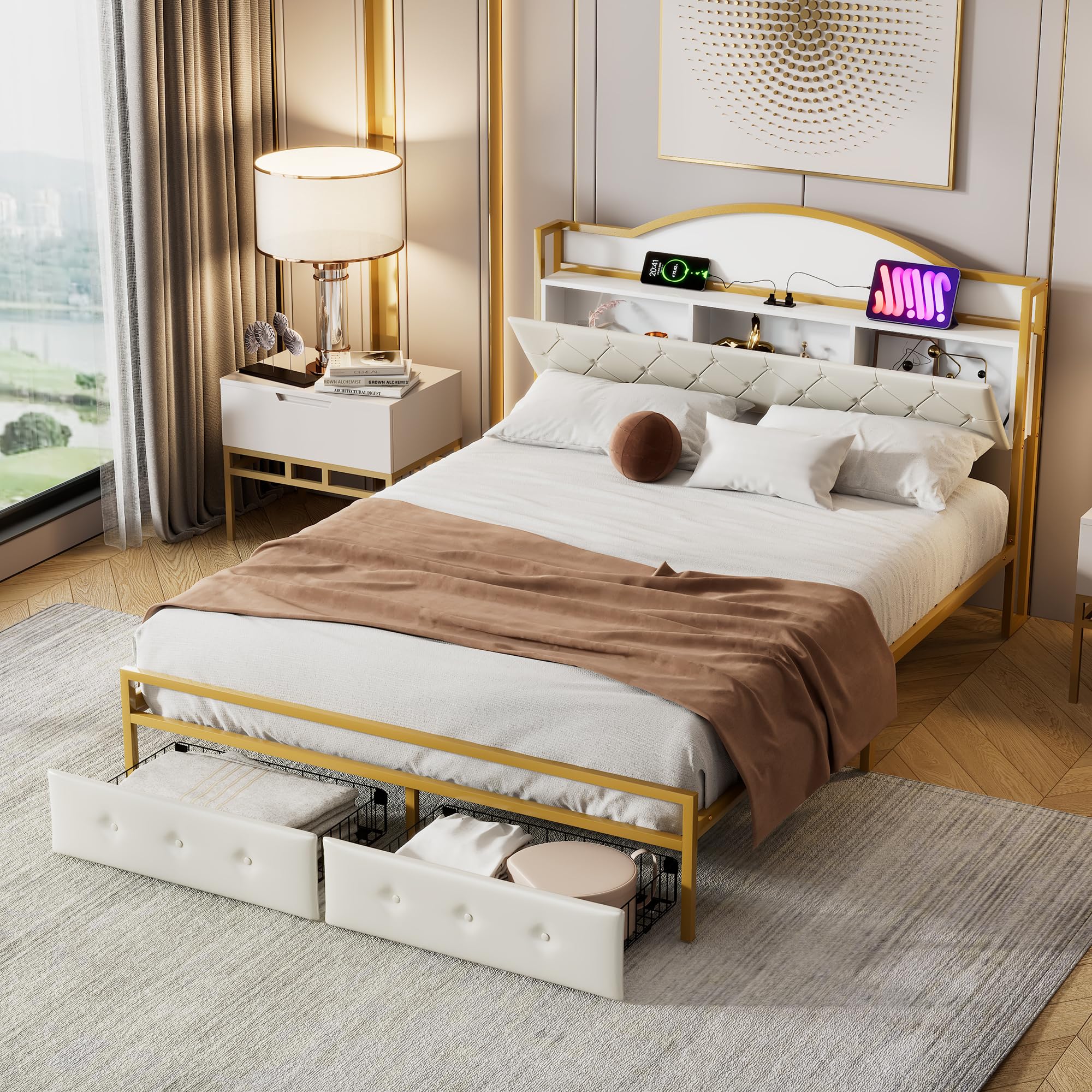 Queen Size Metal Platform Bed with 2 Drawers and Storage Headboard with Shelves, Luxury Upholstered Queen Platform Bed Frame with Charging Station, No Box Spring Needed (White+Gold, Queen)