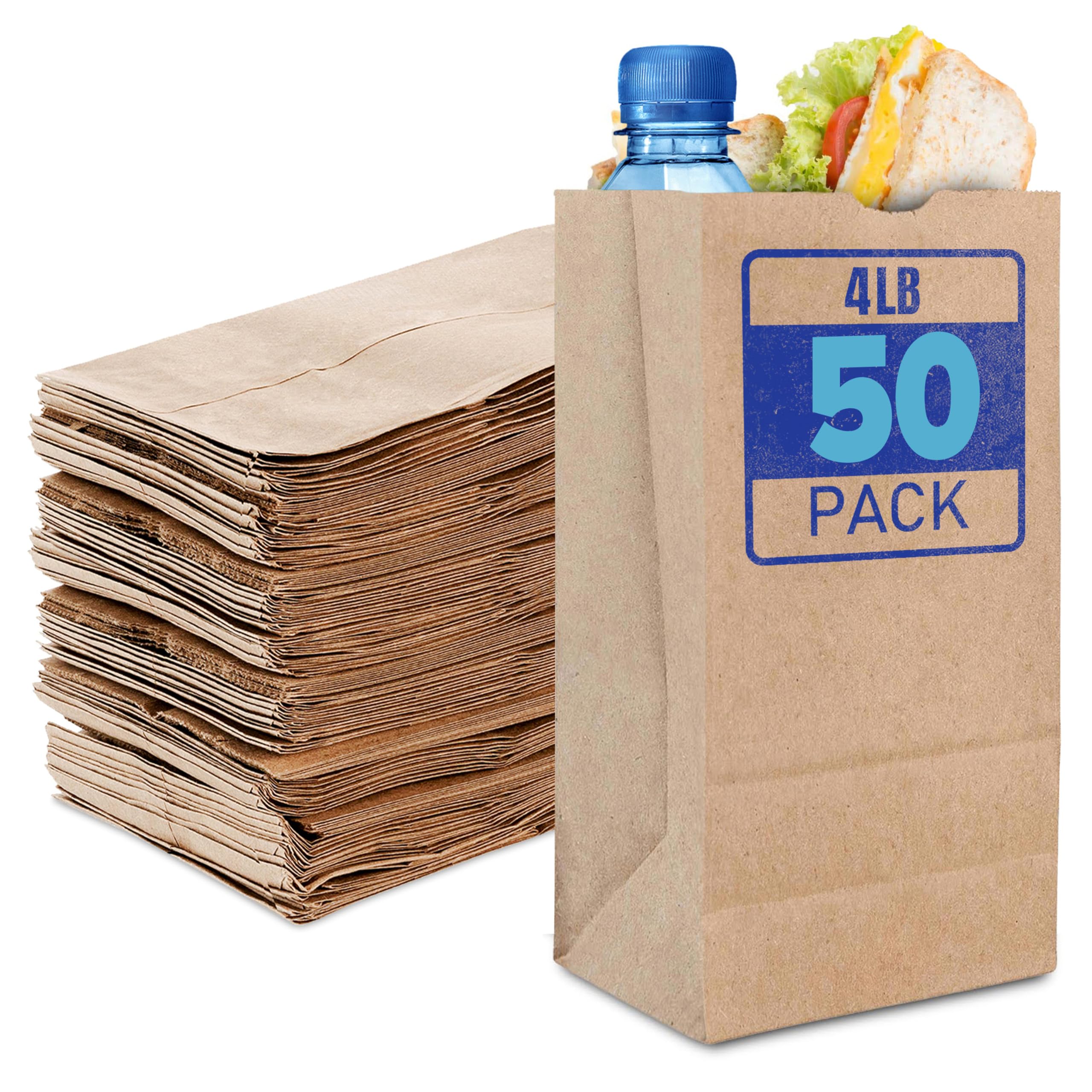 Stock Your Home 4 lb Kraft Brown Paper Lunch Bags (50 Count) – Bulk Disposable Lunch Sacks, Small Blank Bags for Snacks, Sandwiches, Grocery Food, and Arts & Crafts Projects