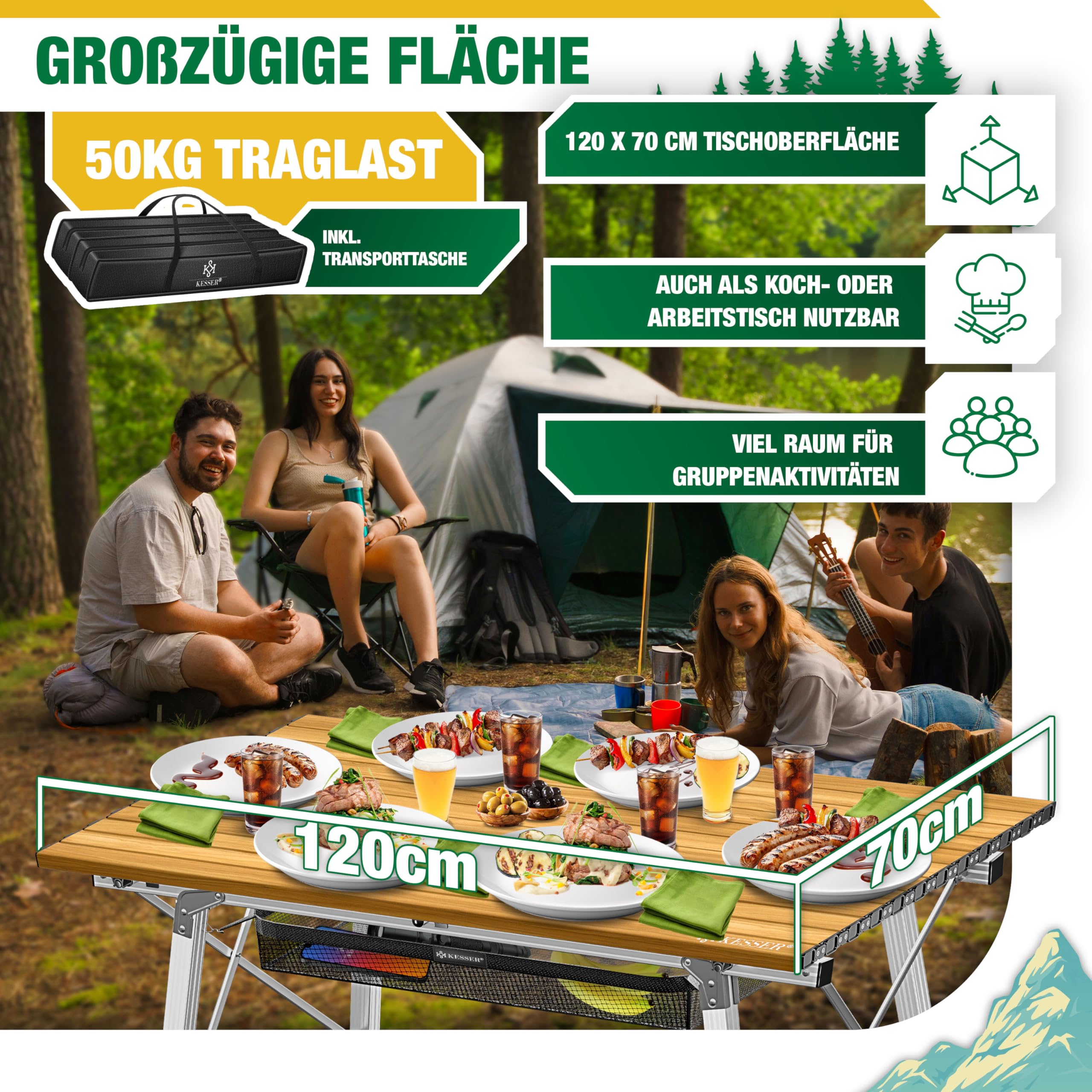 KESSER® Campingtisch faltbar Klapptisch mit Aluminiumrahmen Aufrollbare Tischplatte Falttisch klappbar Höhenverstellung 120x70cm - bis 100kg inkl. Tragetasche mit Trageband & Netztasche, Holz-Optik