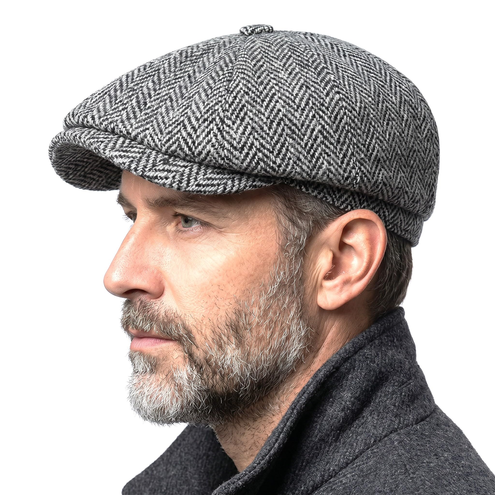Tartan Tweeds Men's Grey Herringbone Harris Tweed Traditional Peak Eight Panel Newsboy Cap British Made (L)