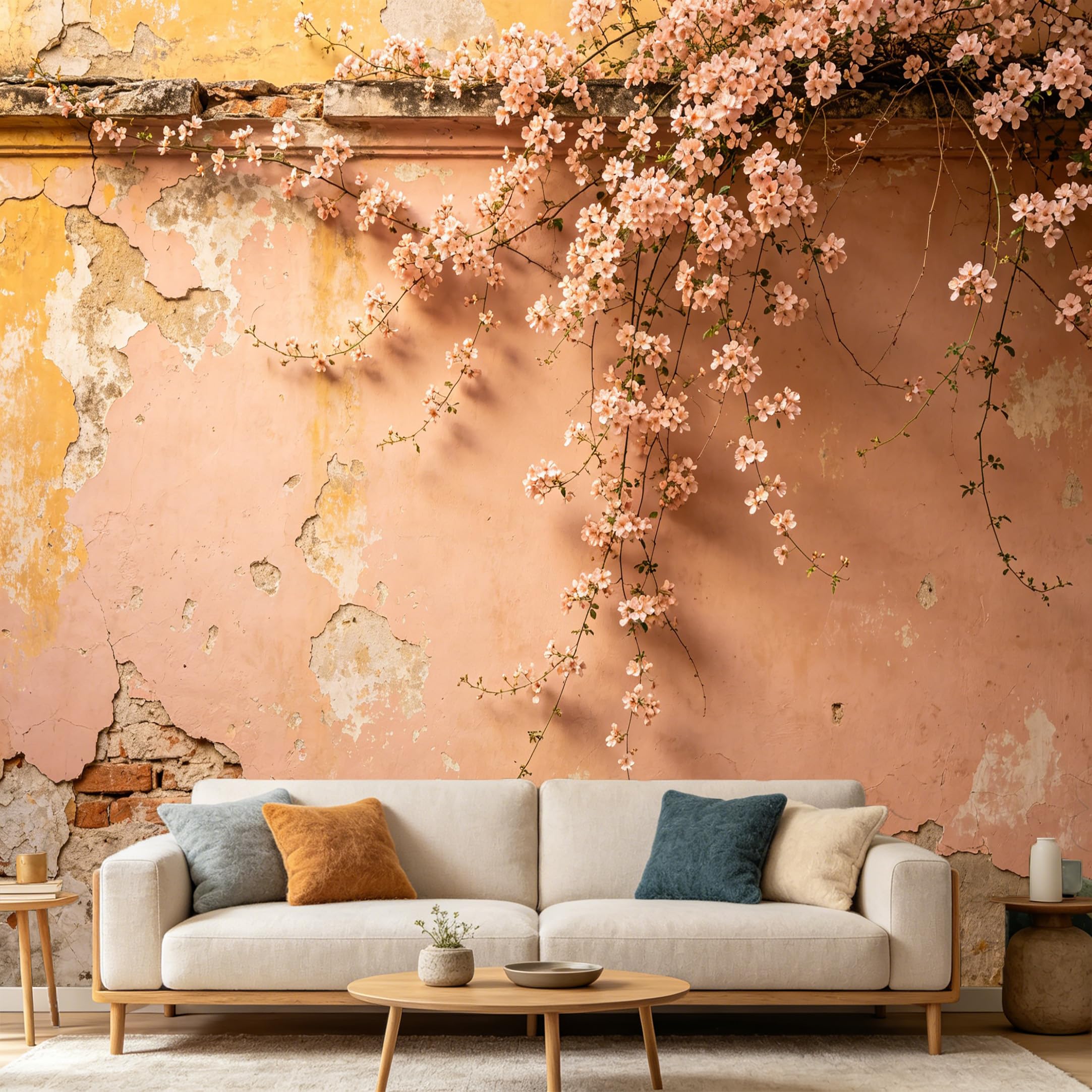 Custom Size Wall Mural Vintage Distressed Pink Plaster Wall Botanical Cherry Blossom SelfAdhesive Art Prints wall Fabric（No PVC） Removable Wallpaper Home Bedroom Decor