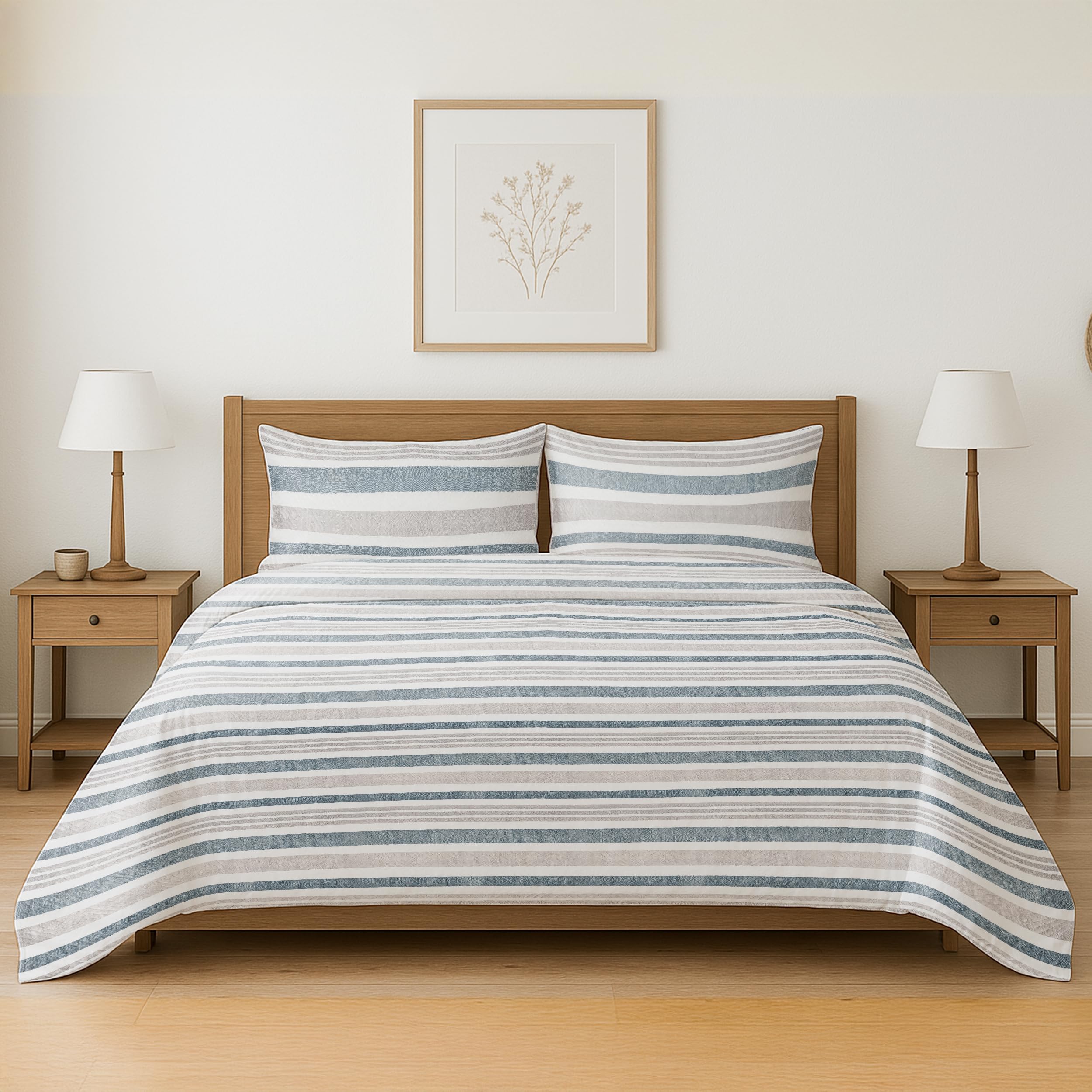 BESCH Colcha Boutis para Primavera y Verano con Diseño Rayas Urbanas 218x250cm + 2 Funda Cojin 50x90 cm Tamaño King - Cubrecama Ligera Fina Entretiempo Extra Suave y Transpirable