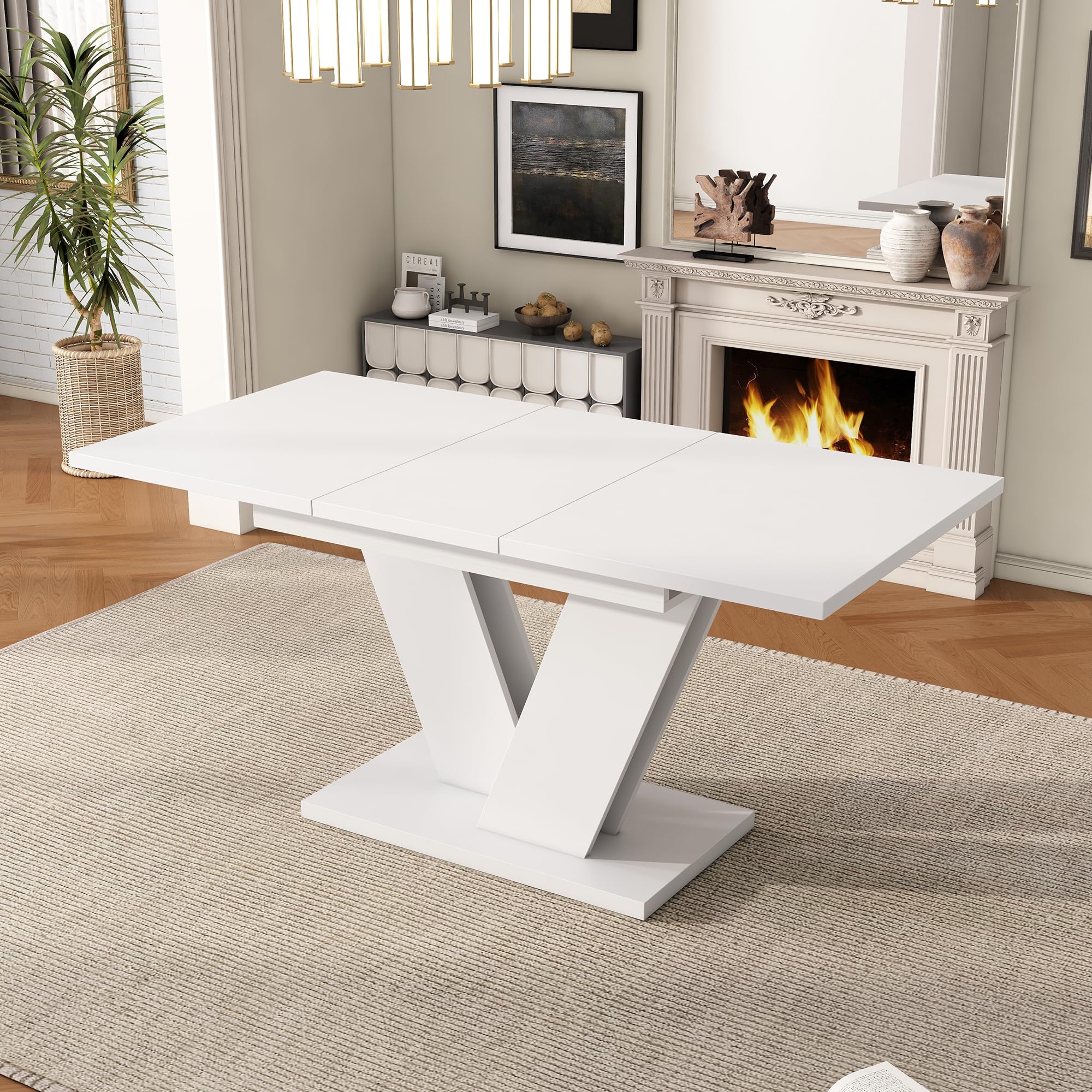 Mesa de comedor extensible 120/160 x 80 x 75,5 cm, adecuada para 4-6 personas, mesa rectangular de madera, mesa de madera gruesa, patas en forma de V, mesa de comedor extensible, color blanco