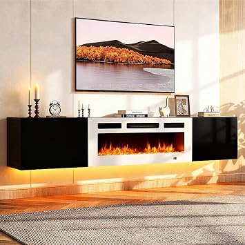 MXV 80'' Floating TV Stand, Modern Media Entertainment Center with 40" Electric Fireplace, TV Console Cabinet Wall Mounted, Adjustable 12-Color LED Lights, for Living Room, Black + White