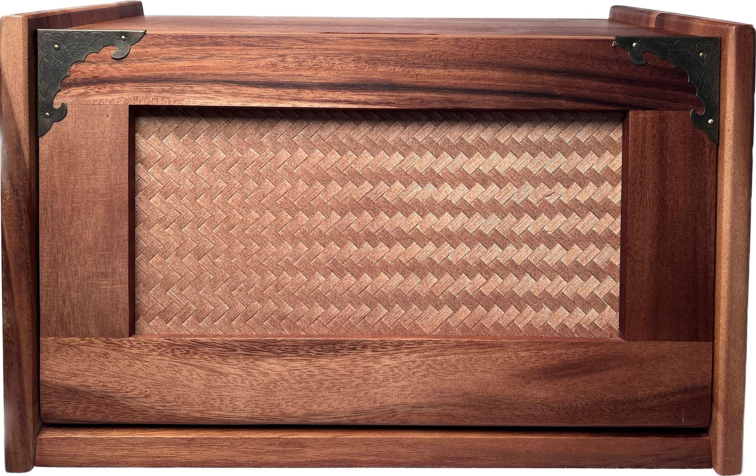 Premium Extra Large Acacia Wooden Bamboo Bread Box | Bread Storage & Organizer | Kitchen Organizer with Rattan Pull-Down - 16"x 10.5"x 9"