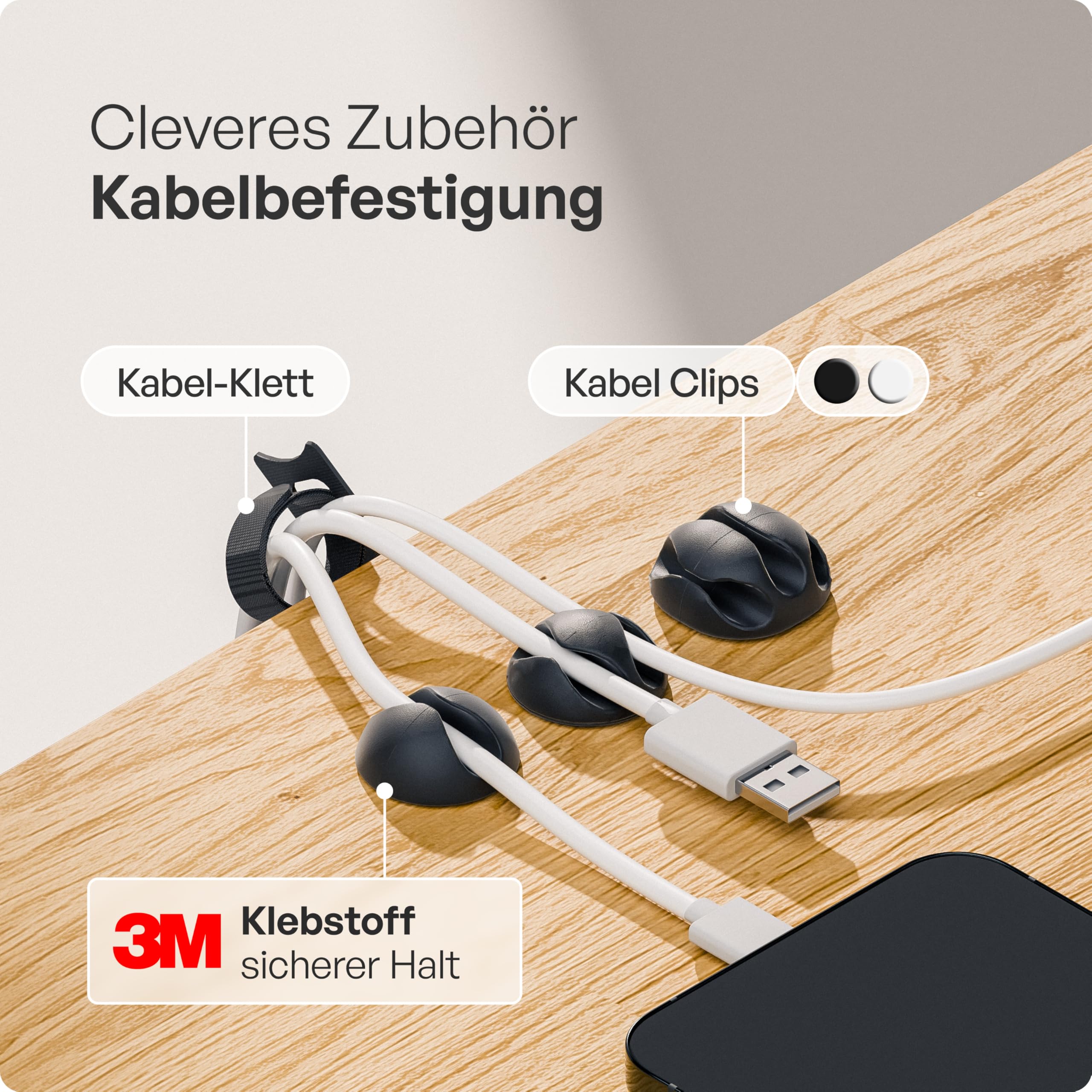 PAMO Kabelkanal Schreibtisch schwarz 2er Set - inkl. 10x Klett Kabelbinder und Kabel-Clips - einfache Installation inkl. Schrauben - Schreibtisch Organizer für Büro und Home Office