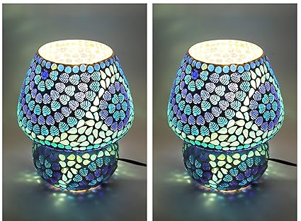 AABHAYA ARTS Mosaic Table Lamp Glass Hand Crafted, Blue, Dome Shaped Lamp, (Pack of 2)