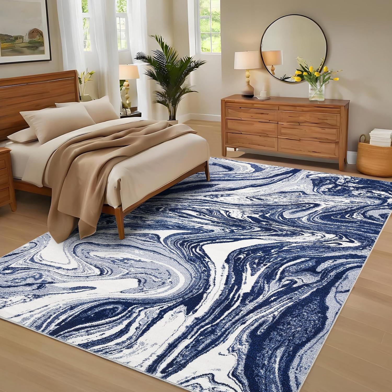 Garvee 9x12 Area Rug Washable Rugs for Living Room Modern Abstract Rug Modern Abstract Area Rugs Stain Resistant Throw Carpet Non-Slip Soft Floor Mat for Nursery Home Office Dining Room，Blue