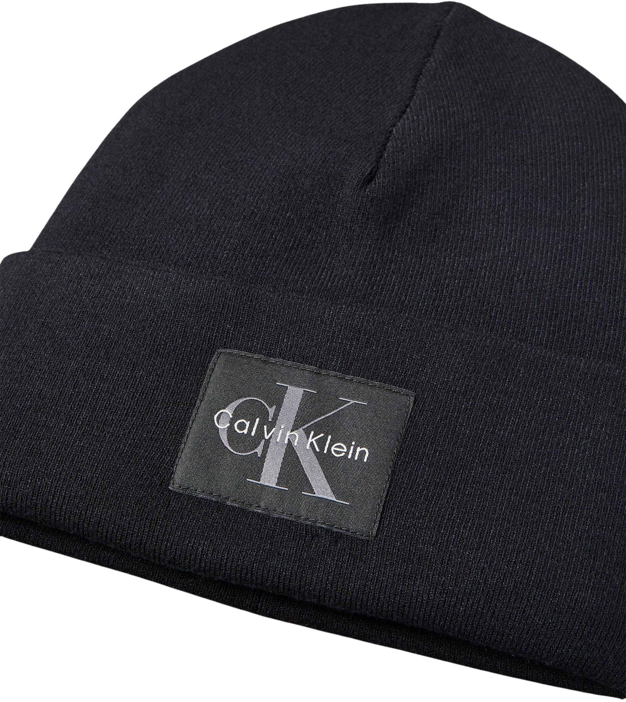 Calvin Klein Herren Strickmütze Monologo Patch Beanie Feinrippstrick, Schwarz (Black), Einheitsgröße