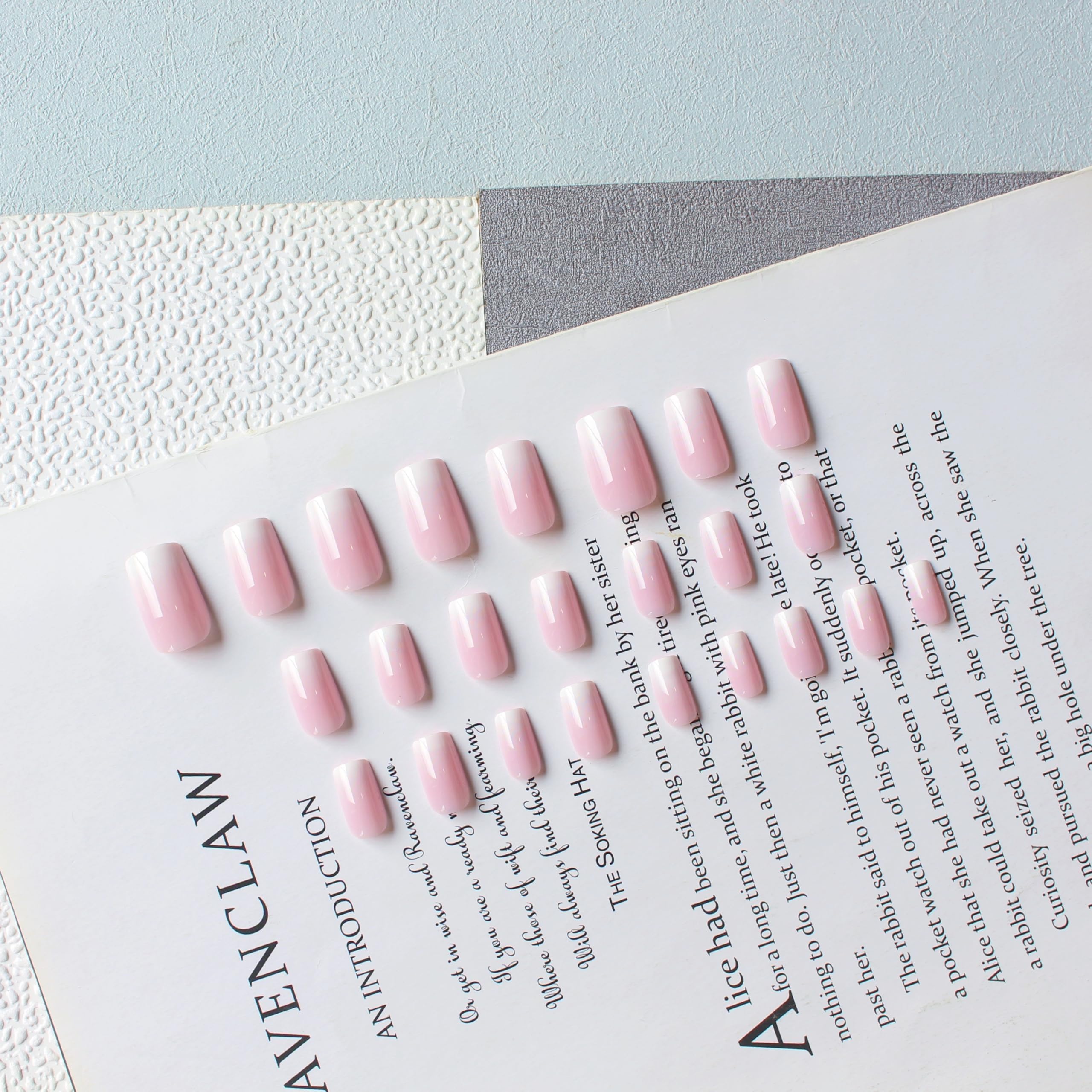 SXVME Ombre French False Nails Short Medium Square, French Press on Nails Short Medium, Gradient Pink Fake Nails Short - Image 4