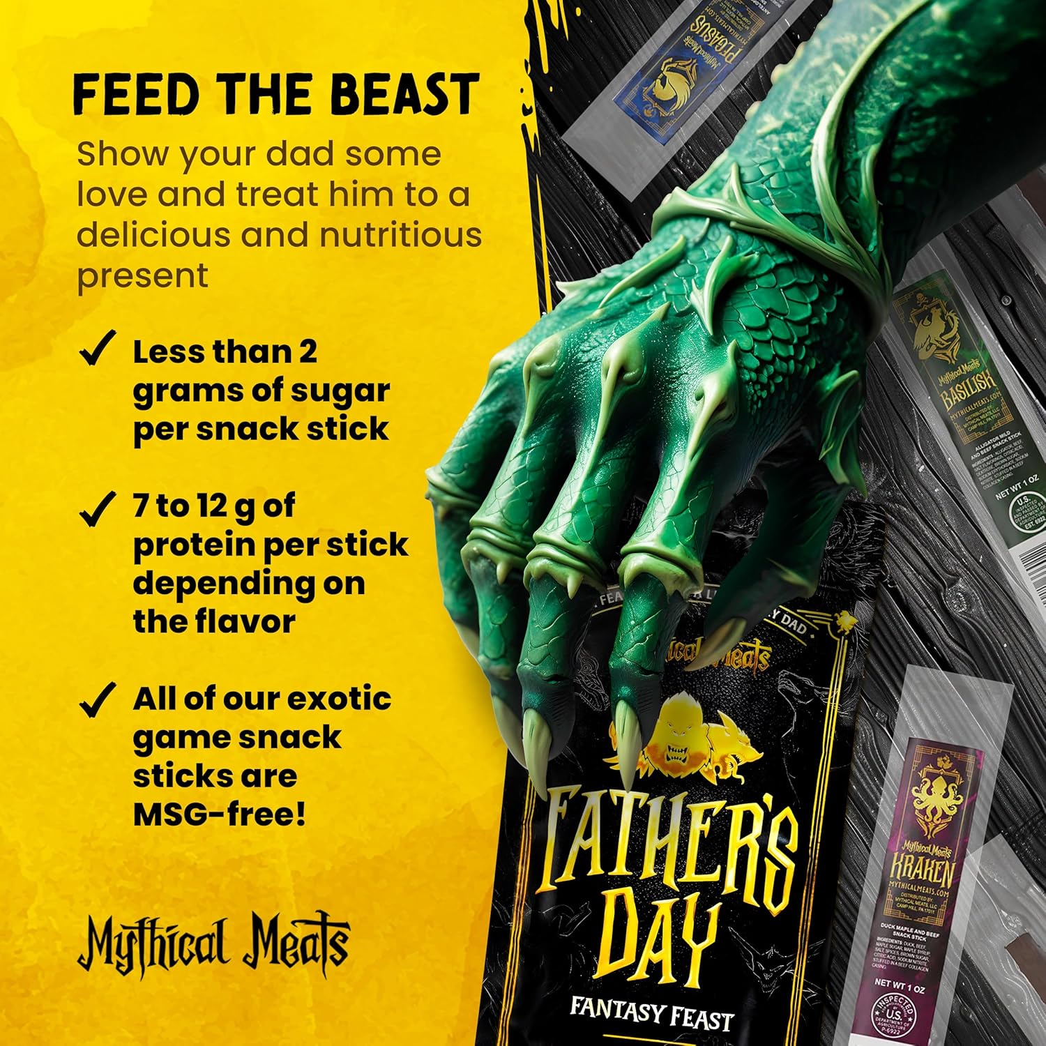 Mythical Meats Father’s Day Fantasy Feast Gift Pack – 10 Random Exotic Game and Beef Snack Sticks – Dried & Dehydrated Meats Seasoned to Perfection – High Protein Snacks Fit for a Legendary Dad