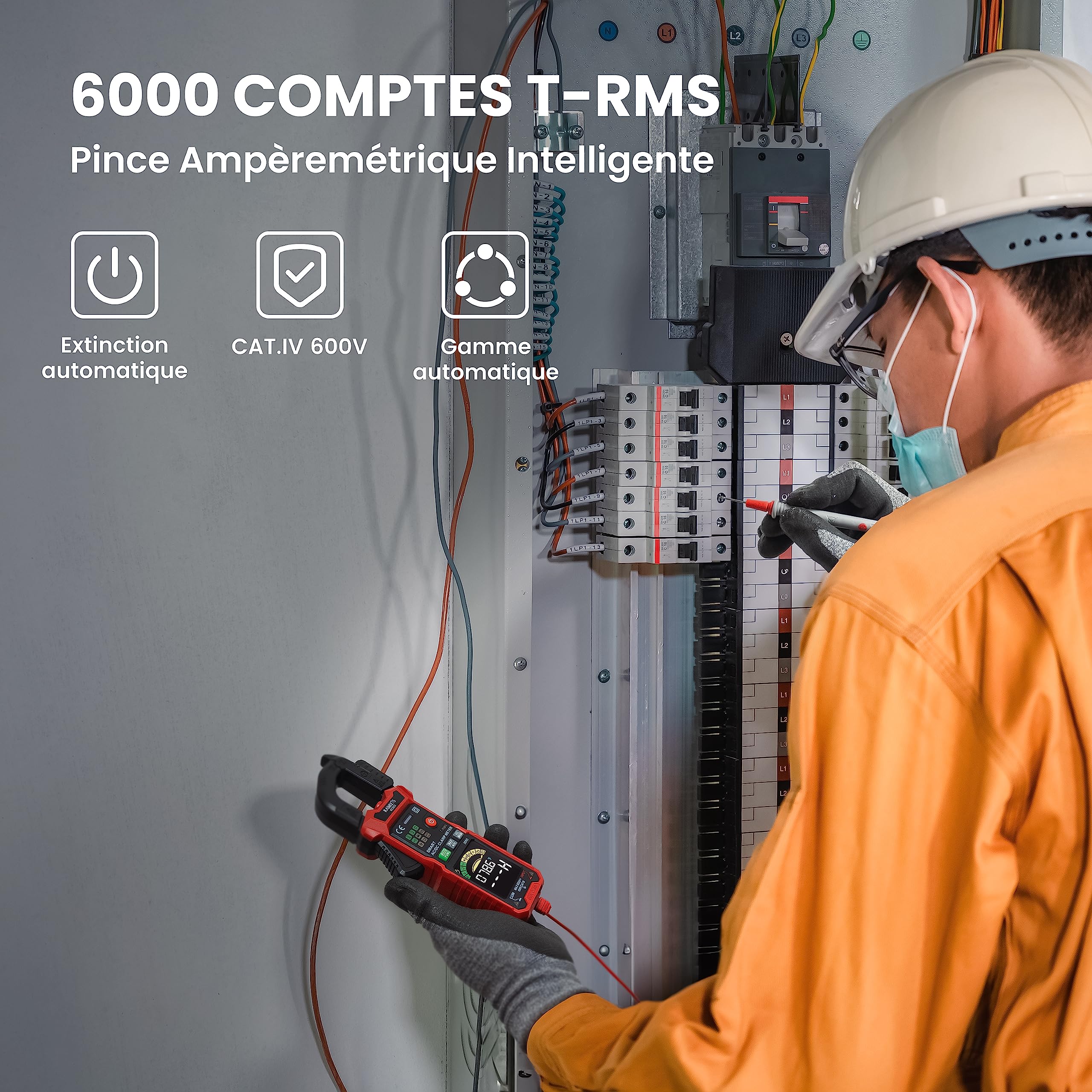 KAIWEETS Pince Ampèremétrique Intelligente T-RMS 6000 Comptes, Multimètre, Ampèremètre à Plage Automatique, Écran Couleur, Mesure Courant CA/CC, Courant d'Appel, Tension, Température, NCV KC602