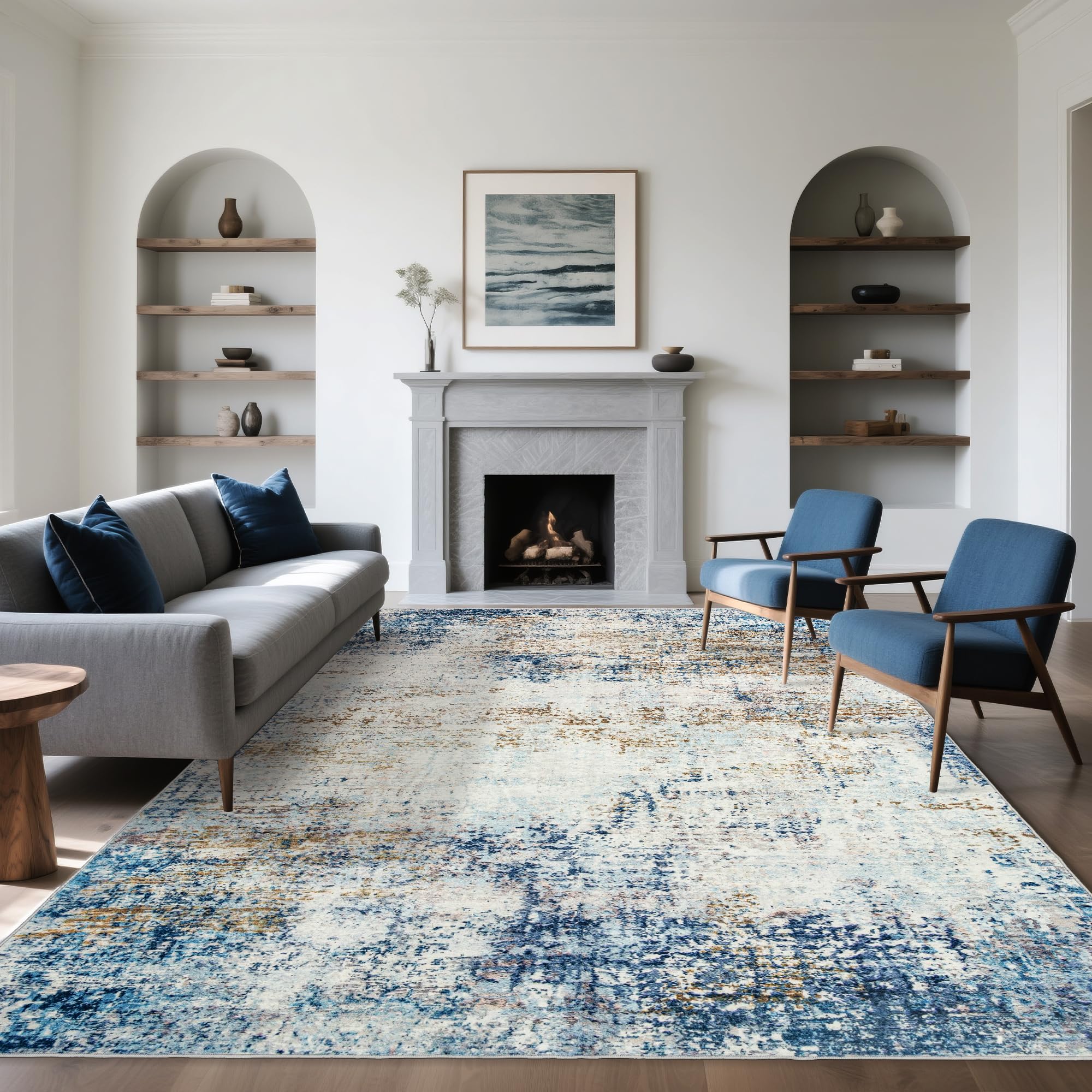 Ruicharm Washable 9x12 Area Rug: Blue Rugs for Living Room Dining Room Bedroom Office Indoor - Non-Slip Modern Large Carpet Home Decor - Mottled Blue