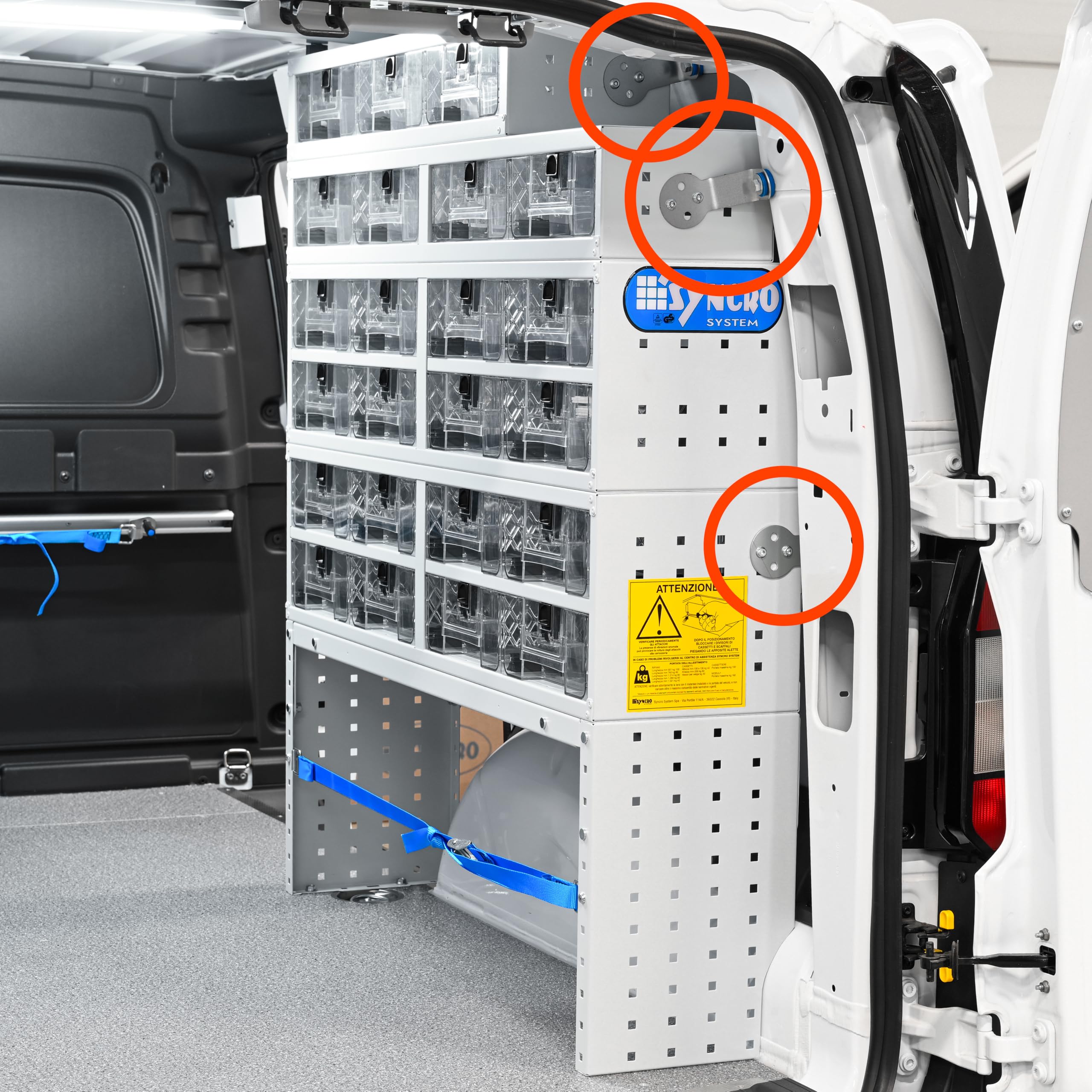 Syncro System Kit scaffalatura furgone Berlingo Partner Kangoo Ducato Boxer Jumper Transit Sprinter – 3 ripiani divisori alluminio antina vano passa-ruota 76x108x31 cm