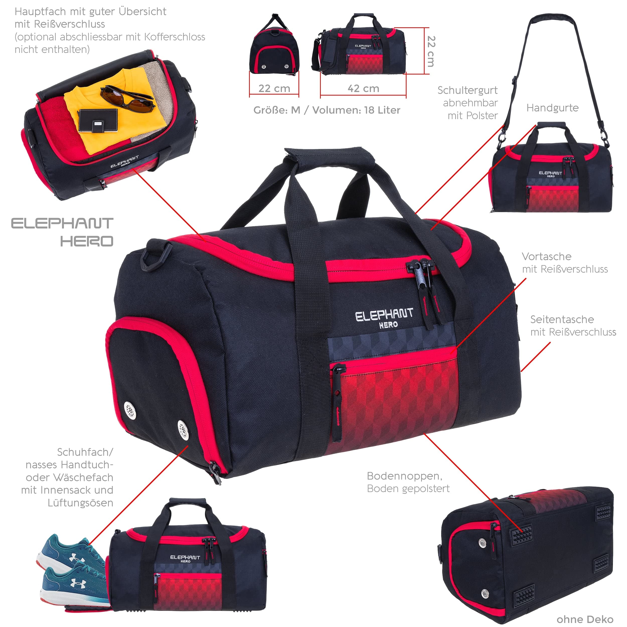 Elephant Schulrucksack Rucksack 3tlg.Set 12868 Red Cube +rsm | 3 Teile Bag Pack Rucksack Schultasche Sporttasche Mäppchen Box Schule Jungen Mädchen Laptopfach Rot Schwarz