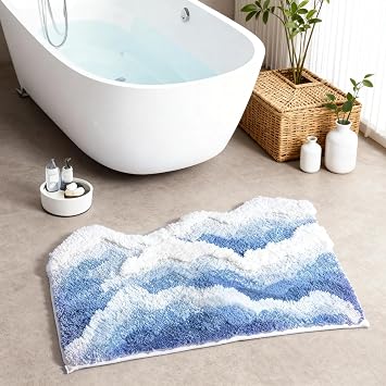 Cute Funky Bath Mats for Coastal Beach Nautical Themed Decor, Moss Bathroom Rugs, Blue Wave Rug Ocean Rug,Non-Slip Soft Plush Shaggy Bath Carpet