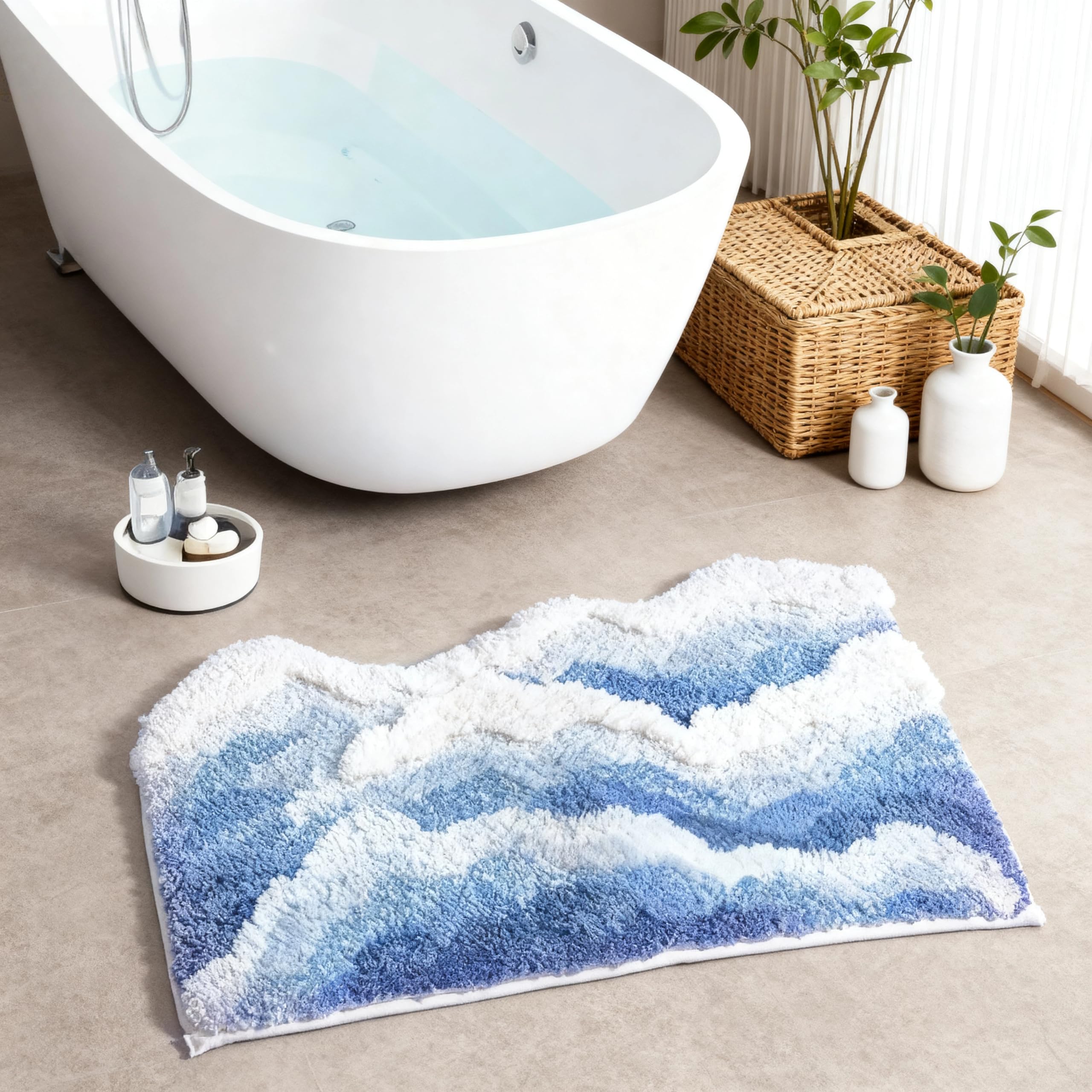 Cute Funky Bath Mats for Coastal Beach Nautical Themed Decor, Moss Bathroom Rugs， Blue Wave Rug Ocean Rug，Non-Slip Soft Plush Shaggy Bath Carpet