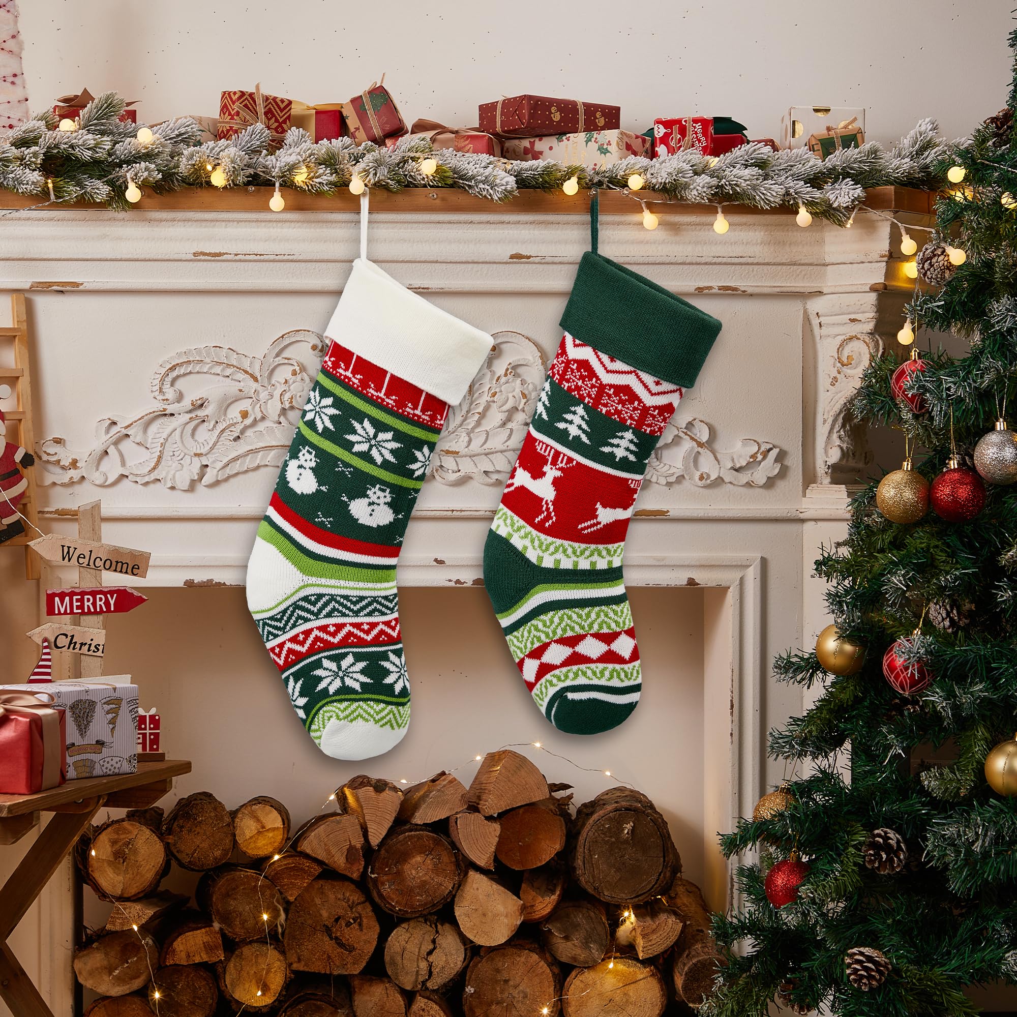 Mostop Confezione da 4 calze natalizie a maglia, 45,7 cm, a treccia, renna, fiocco di neve, pupazzo di neve, calze natalizie con 20 supporti a stella per Natale, vacanze, feste di Natale, decorazioni