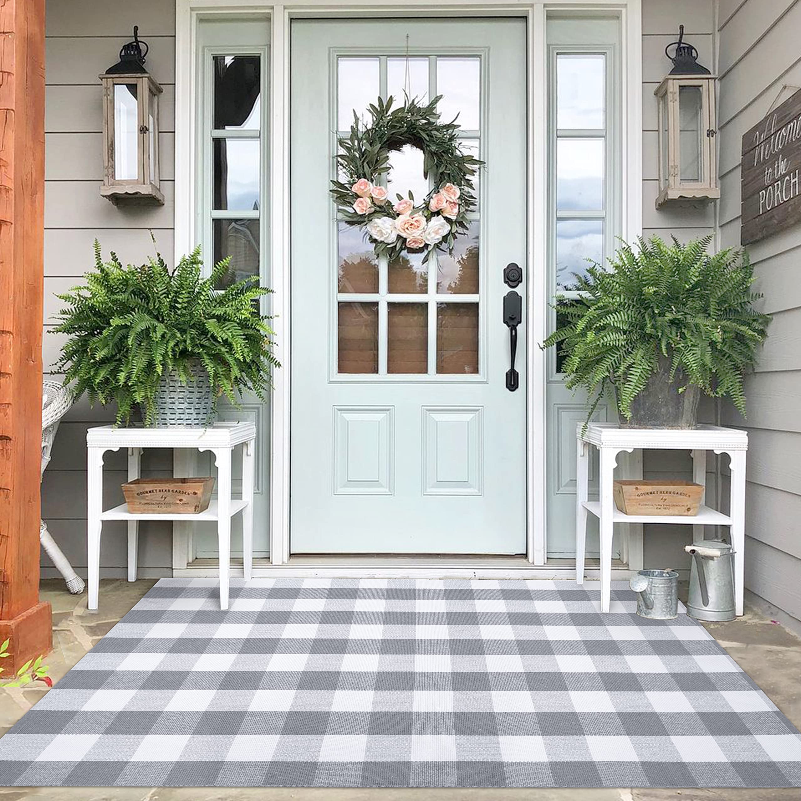 IOHOUZE Buffalo Plaid Checkered Rug 4x6 Ft Front Door Mats, Washable Area Rugs for Front Porch Decor, Spring Summer Welcome Mats Outdoor, Gray White