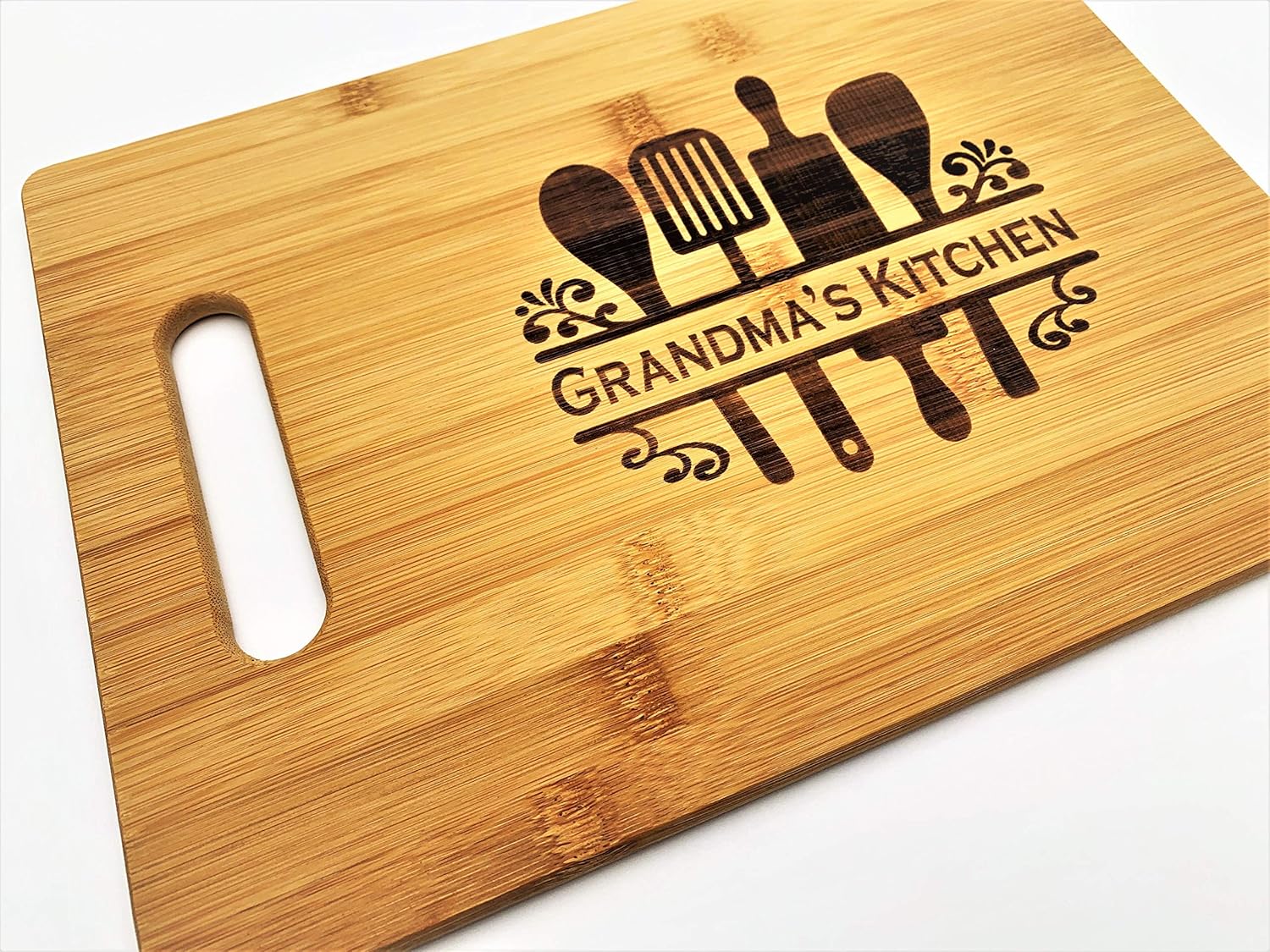Grandma's Kitchen Engraved Bamboo Wood 9.5x13 Cutting Board with Handle for Grandmother or Mother's Day Charcuterie Butter Board