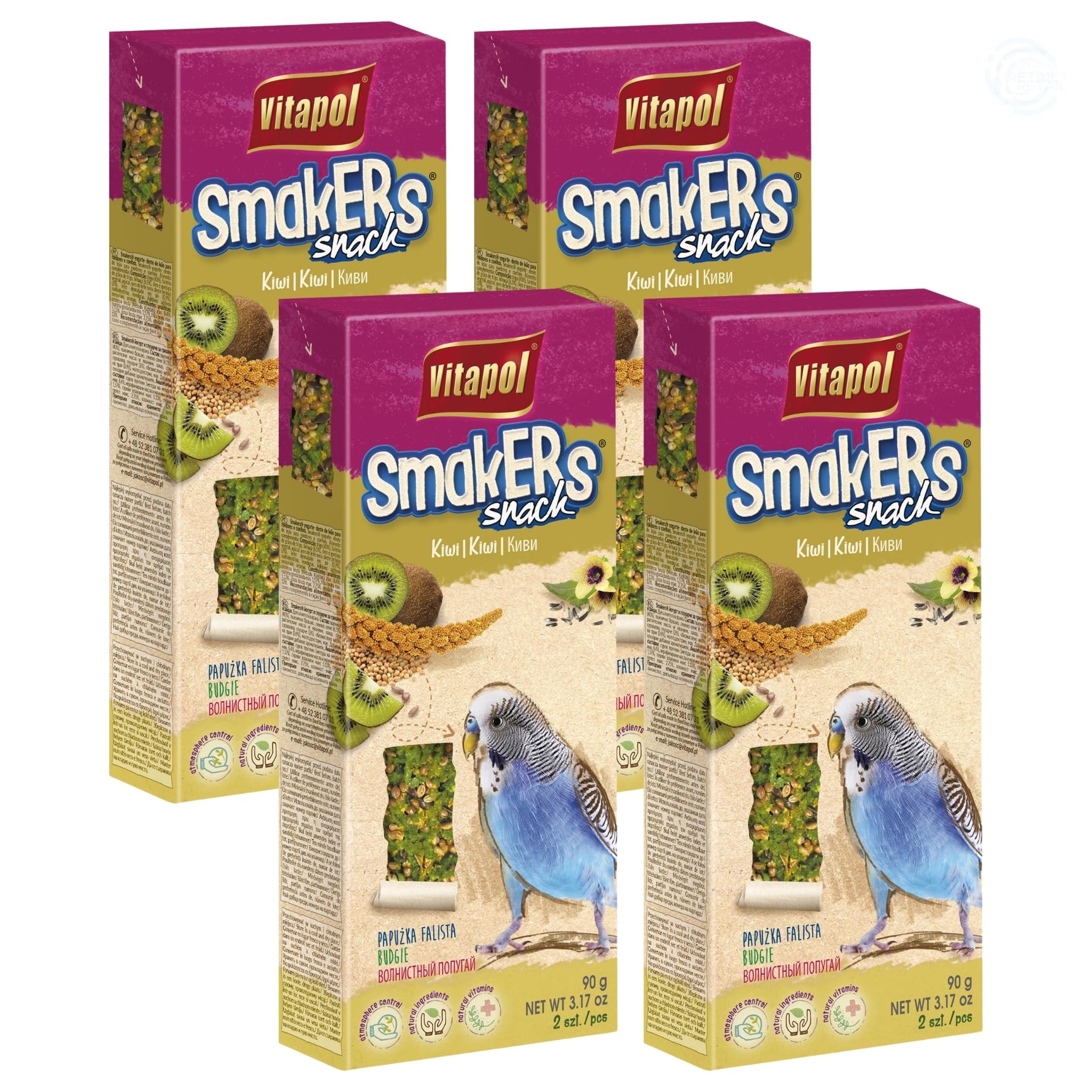 Vitapol Smakers® Parrot Treat Sticks – Variety of Snacks for Budgies, Cockatiels & Large Parrots | Natural Fruit, Egg, Honey, Seed | Vitamin-Rich Snacks, Health & Plumage Support (Kiwi, 540g)