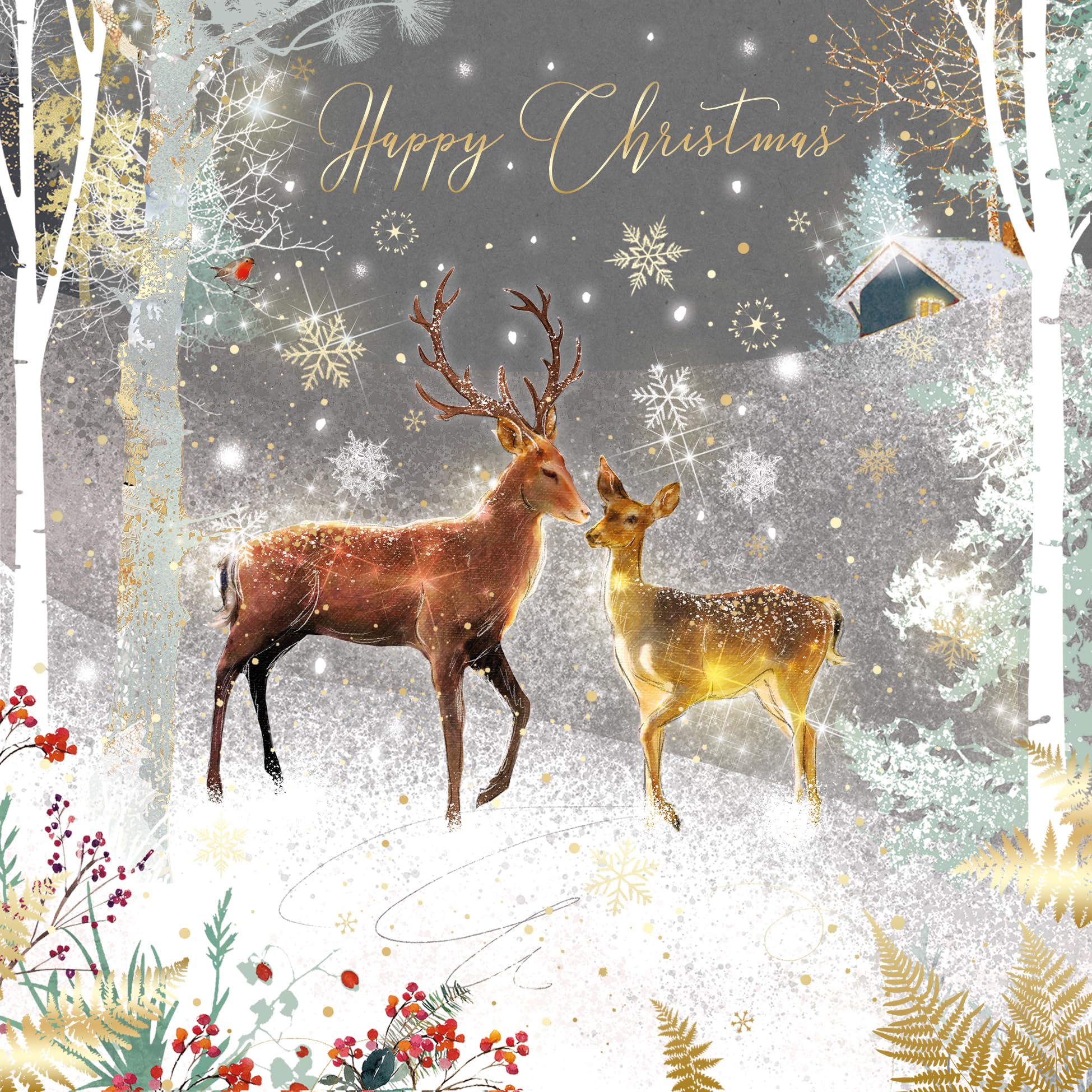 Cherry Orchard Open Christmas Card, Artistic Reindeer Design from the Gorgeous Grace range, finished with gold foil, comes with Gold Envelope