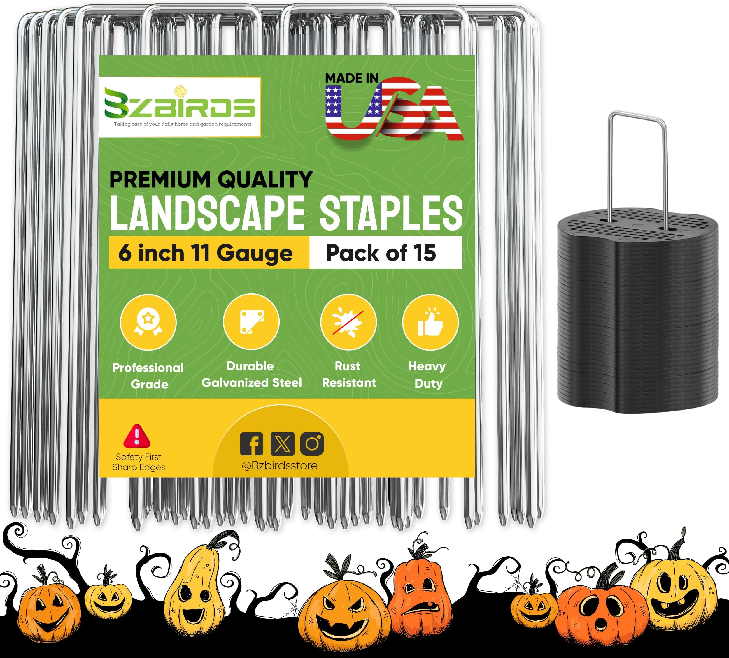 USA Made 15 Pack Landscape Staples 6 inch 11 Gauge Garden Stakes Galvanized Garden Staples | Metal Ground Stakes for Gardening| Yard Stakes for Decoration, Weed Barrier Fabric