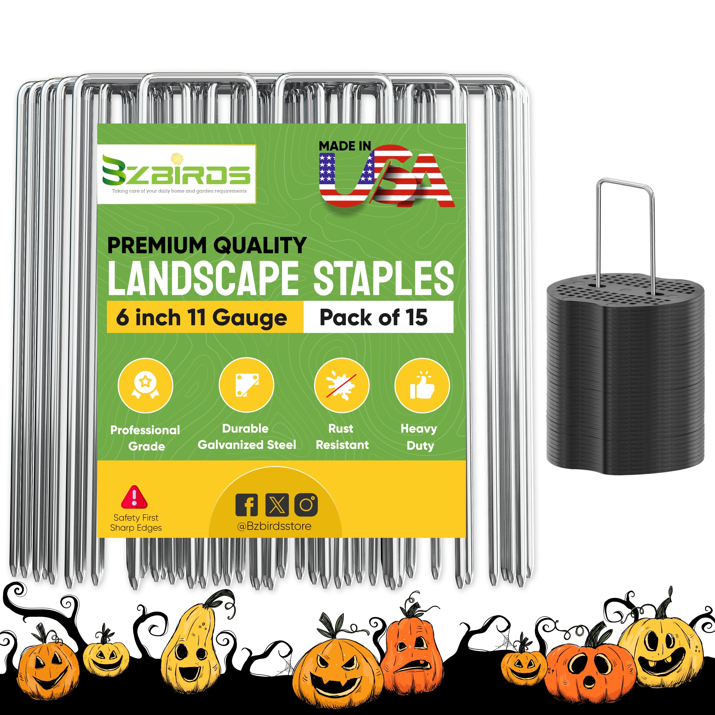 USA Made 15 Pack Landscape Staples 6 inch 11 Gauge Garden Stakes Galvanized Garden Staples | Metal Ground Stakes for Gardening| Yard Stakes for Decoration, Weed Barrier Fabric