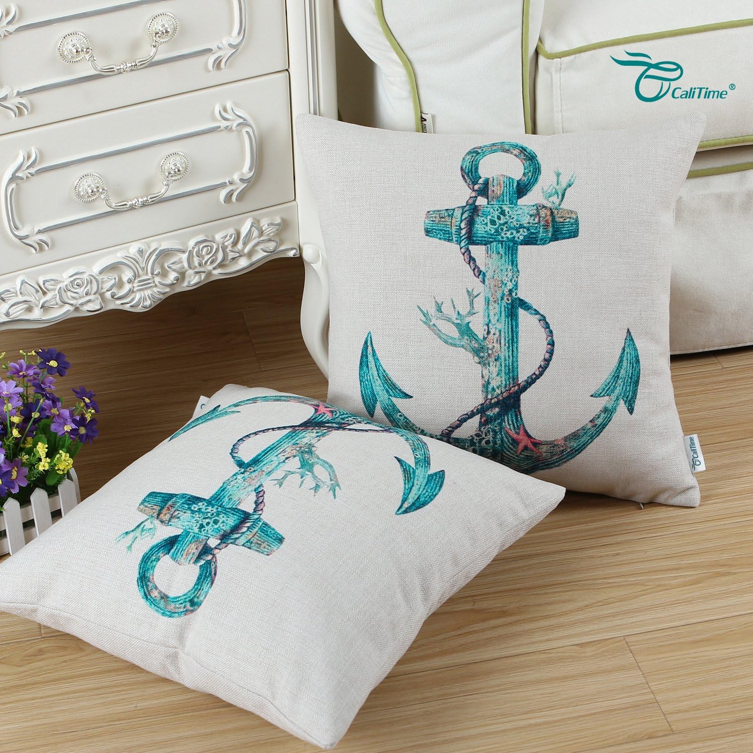 CaliTime Canvas Throw Pillow Cover Shell for Couch Sofa Home Decoration Ancient Sailing Boat Anchor 18 X 18 Inches Teal