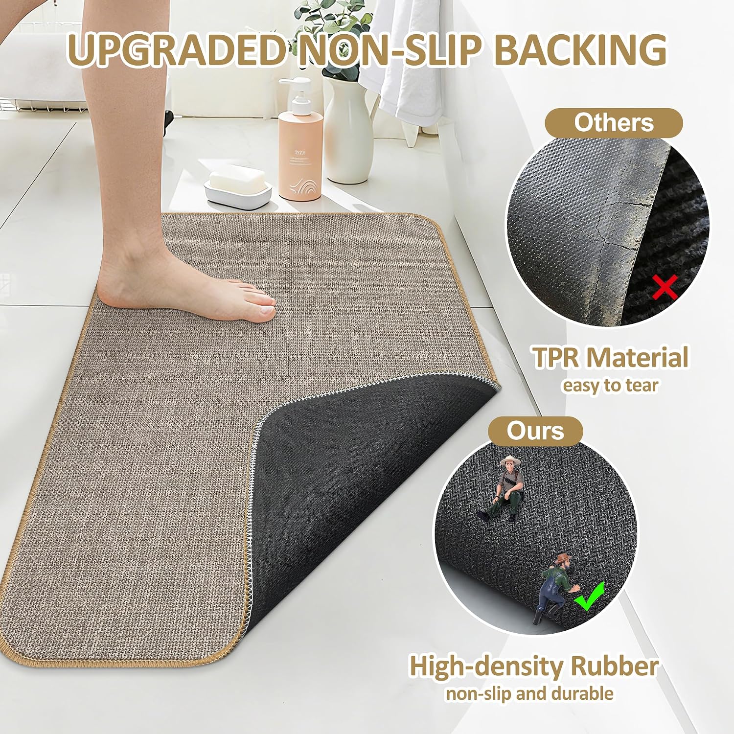 Bathroom Rug Non Slip Bath Mat 24" x 16", Khaki
